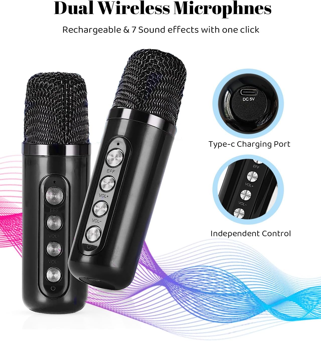 Karaoke Machine for Adults and Kids with 2 Wireless Microphones,Portable Bluetooth Speaker PA Speaker System with LED Party Lights for Home Party, Picnic,Car,Outdoor/Indoor/Birthday Gifts