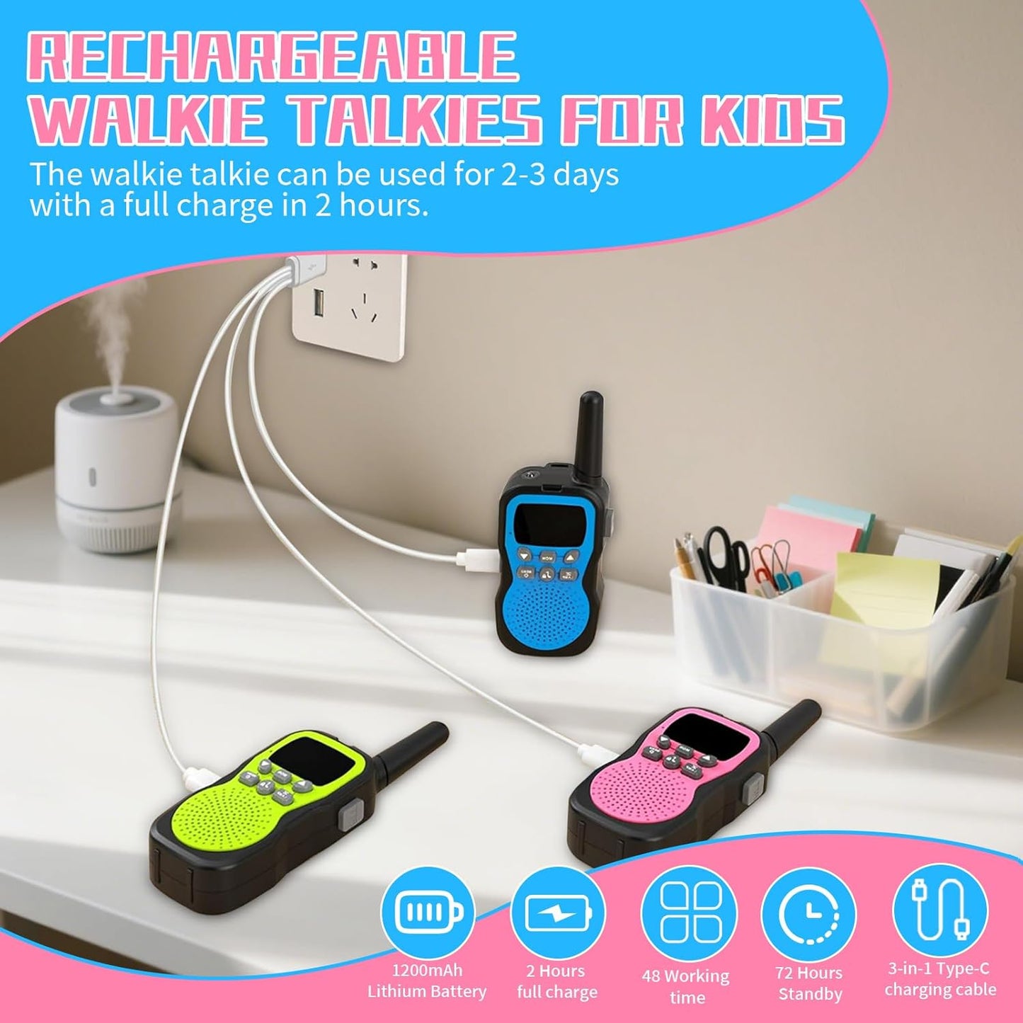 3 Pcs Walkie Talkies for Kids Rechargeable 3 KM Handheld Walkie Talkies Long Range 22 Channel 2 Way Radio Birthday Party Gifts for 3-12 Years Old Girls Boys Outside Adventure Camping Hiking