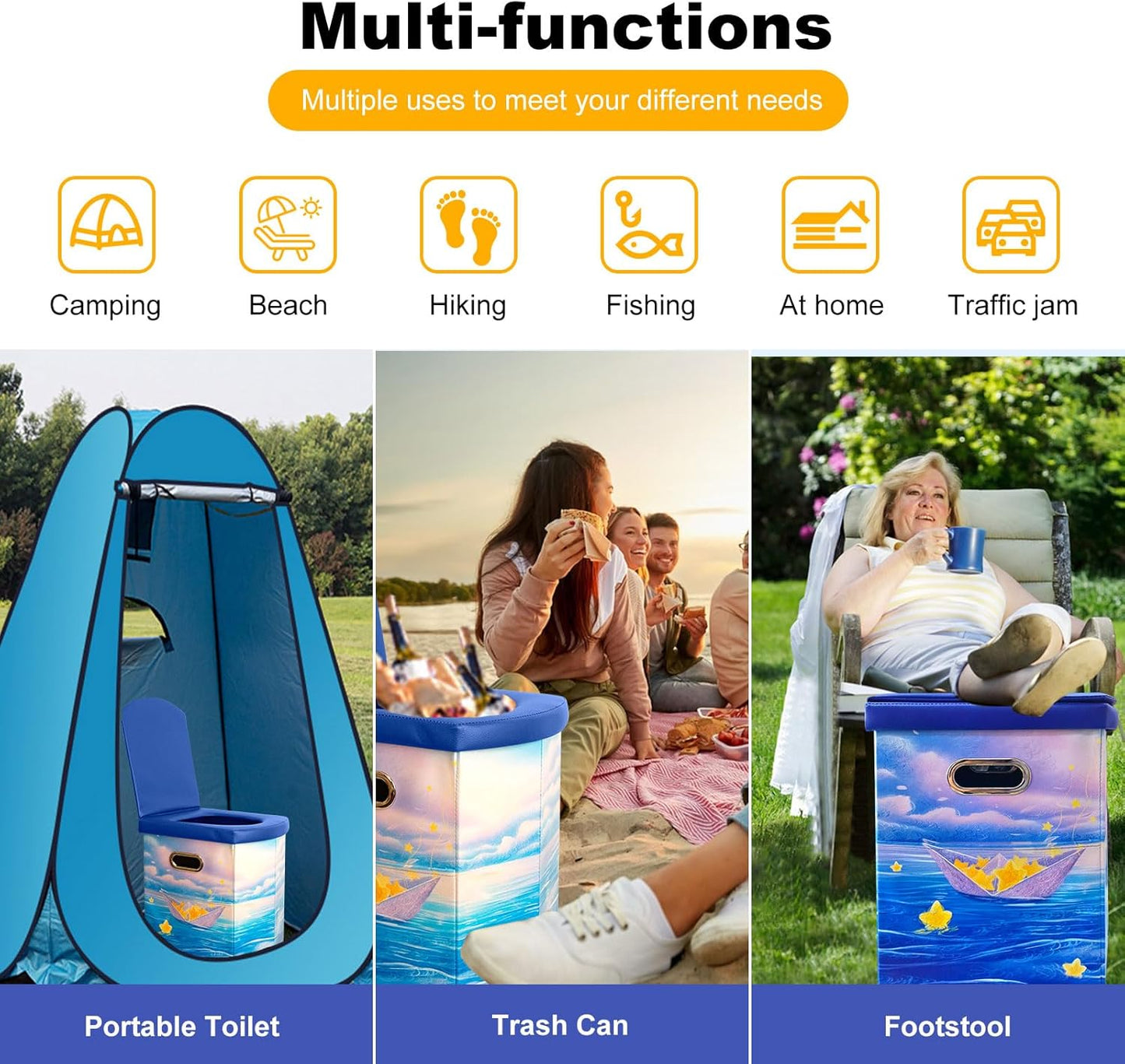 Upgrade XL Portable Toilet for Adults, Extra Large Portable Travel Floding Toilet, Camping Tall Toilets with Lid for Adults and Kids Compact Potty for Car,Hiking,Beach and Camping