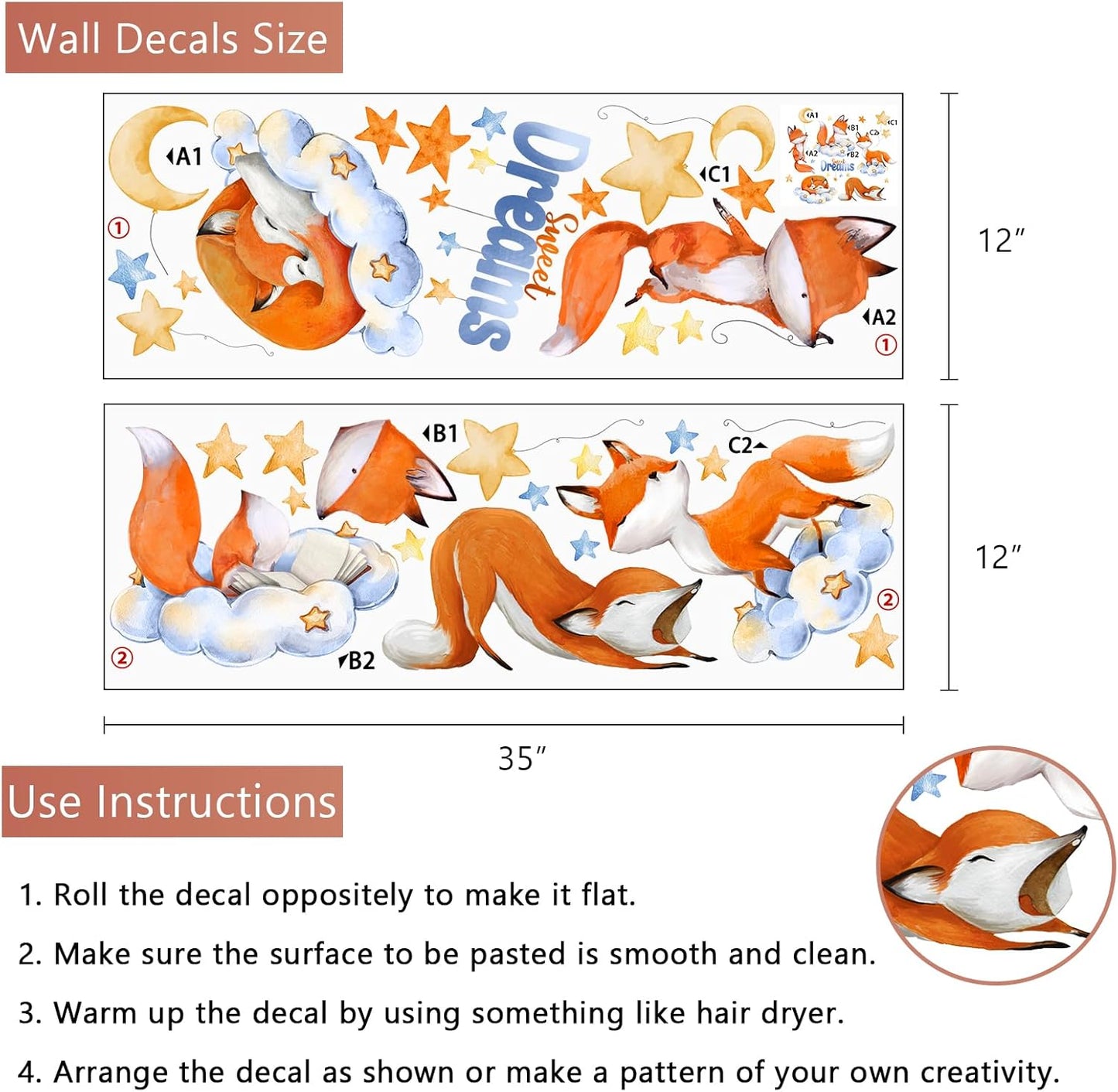 Yovkky Sweet Dream Sleeping Fox Wall Decals Stickers, Cloud Moon Stars Neutral Toddler Baby Nursery Decor, Cute Home Decorations Kids Bedroom Playroom Art