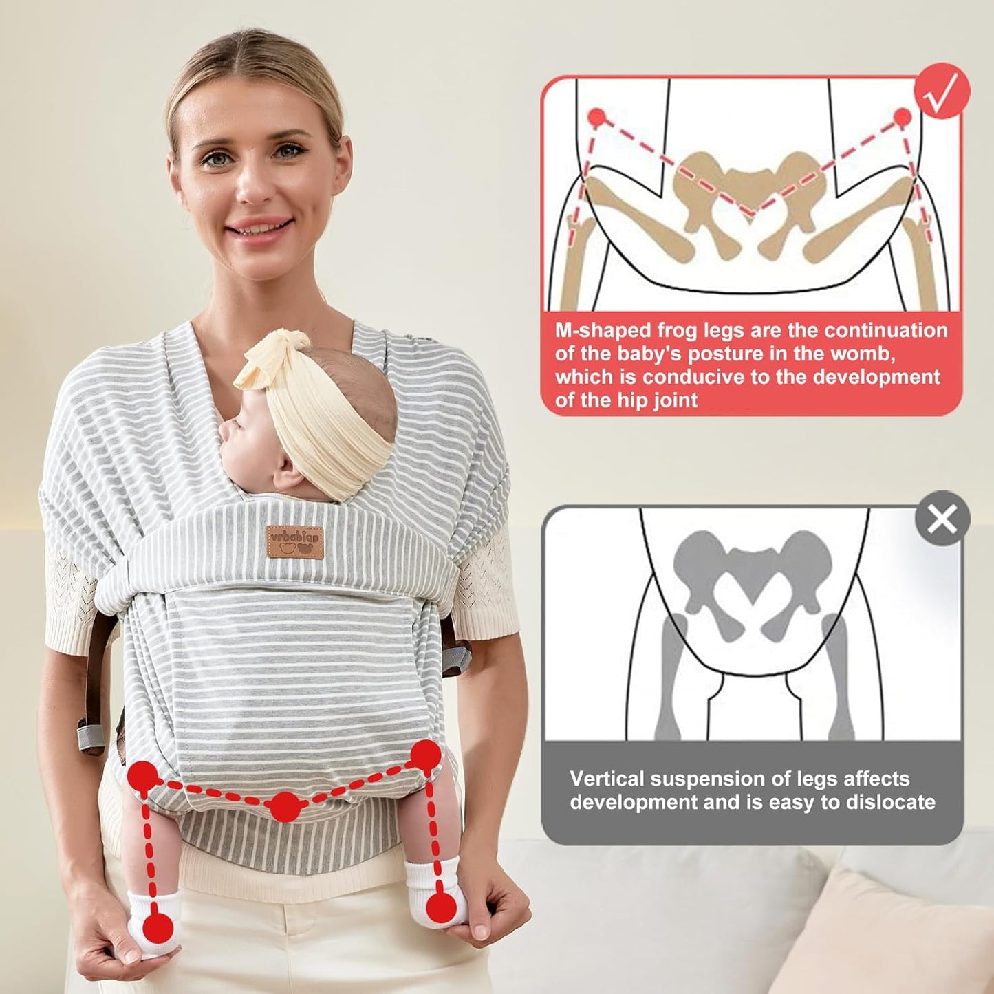 Baby Wraps Carrier Newborn to Toddler, Kangaroo Baby Easy Wearing Wrap, Adjustable Soft Baby Holder Front Chest Sling Carriers Perfect Infant Essentials Gifts (Striped Grey, Cotton)