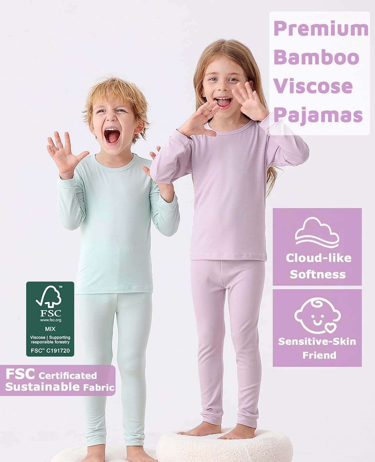 JunNeng Bamboo Viscose Pajamas for Toddler Baby, Boys Girls Solid Snug Fit Pajamas Long Sleeve Sleeper