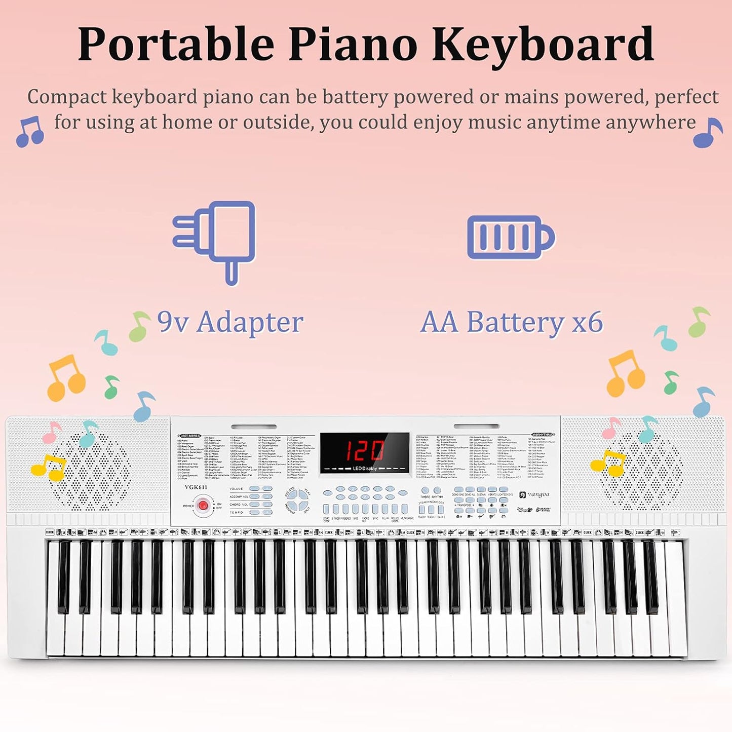 Vangoa VGK611 Electric Keyboard for Beginner, 61 Keys Portable Music Keyboard With Mini Lighted Keys, Electronic Piano for Kids, Boy, Girl, White