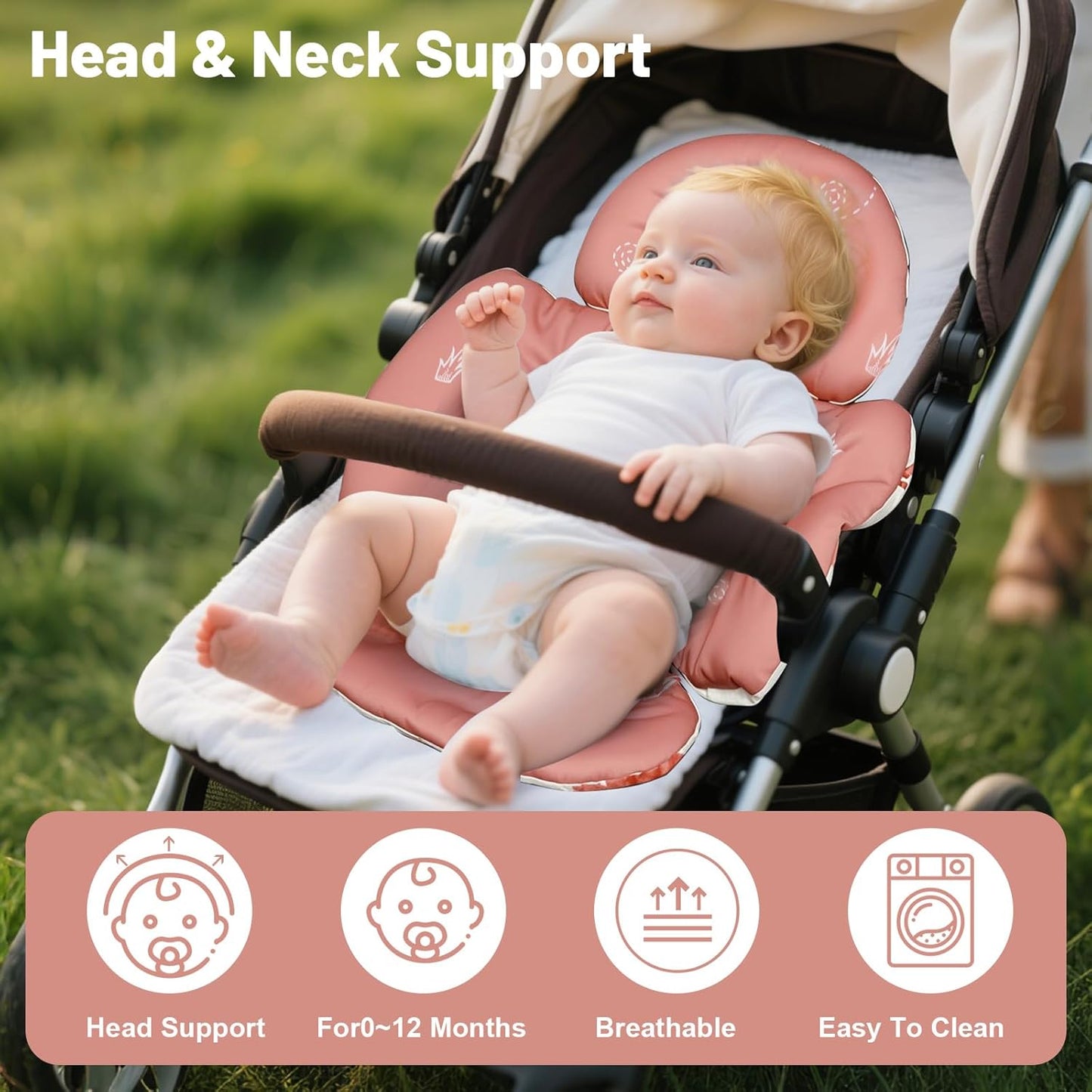 KAKIBLIN Infant Car Seat Insert, Baby Car Seat Cushion, Car Seat Head Support for Infant,Breathable Reversible Carseat Insert Support for Newborn Stroller, Baby Swing, Bassinets, Pushchair (Pink)