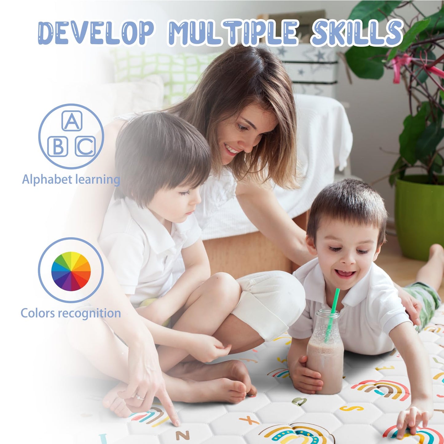 Boho Rainbow Baby Play Mat 50x50 Playpen Mat Thicken Soft Baby Crawling Mat Non-Slip Cushioned Baby Floor Mat with Letters, Activity Playmats for Babies Toddlers Play & Tummy Time (50X50,White)