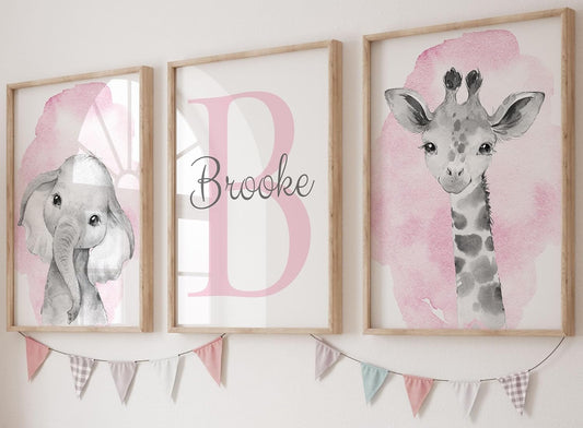 Safari Animals Set of 3 Unframed Poster Prints for Baby Girls Nursery Bedroom Playroom, Personalized Name, Choice of 12 Animals, Pink Purple (8x10)