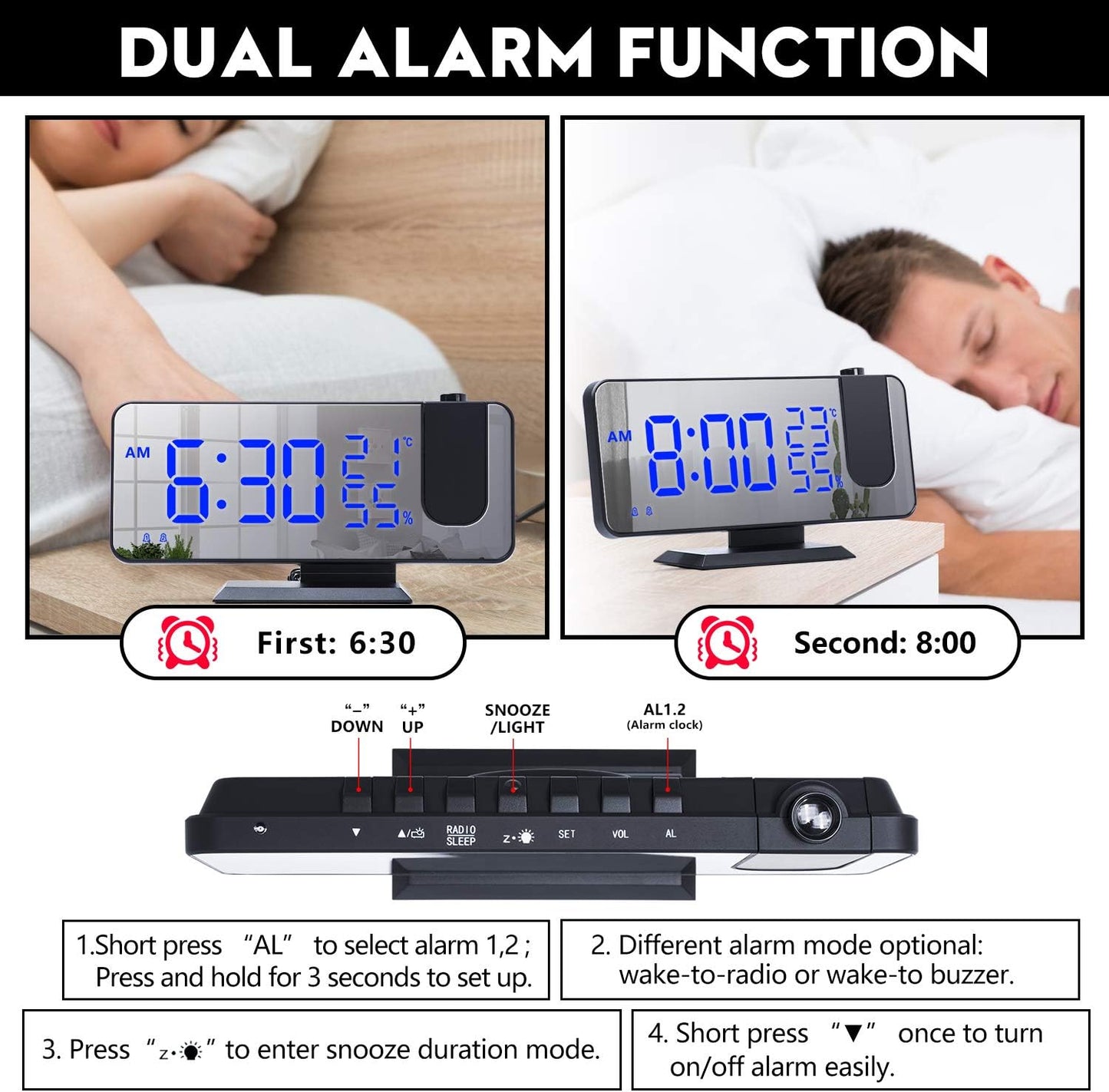 Projection Digital Alarm Clock for Bedrooms,Alarm Clock Radio on Ceiling, USB Charger Port, Temperature & Humidity Display, 7.3” Large Mirror LED Display,12/24H,Snooze,Dual Loud Clock- 4 Dimmer