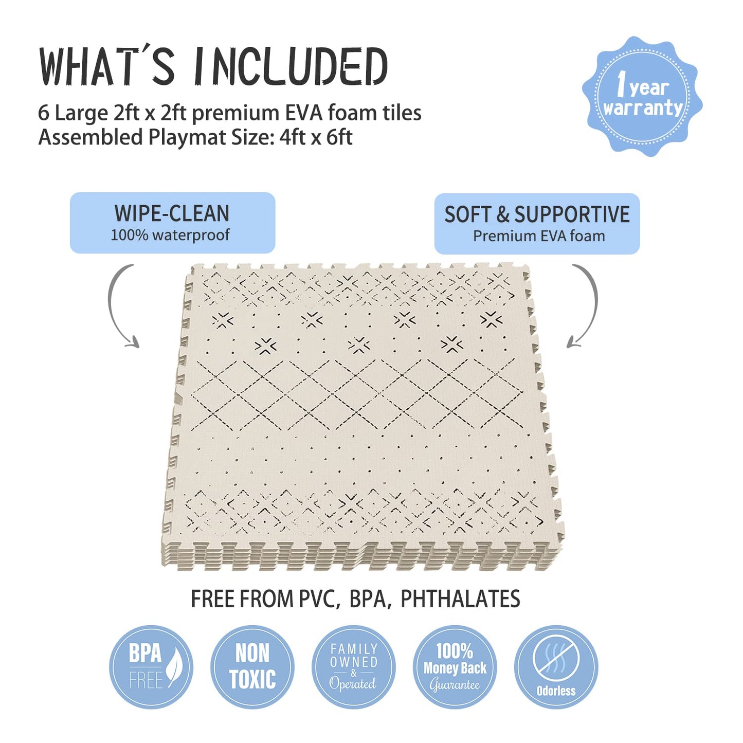 Yay Mats Stylish Extra Large Baby Play Mat. Soft, Thick, Non-Toxic Foam Covers 6 ft x 4 ft. Expandable Tiles with Edges Infants and Kids Playmat Tummy Time Mat (Carter Mudcloth Tan)