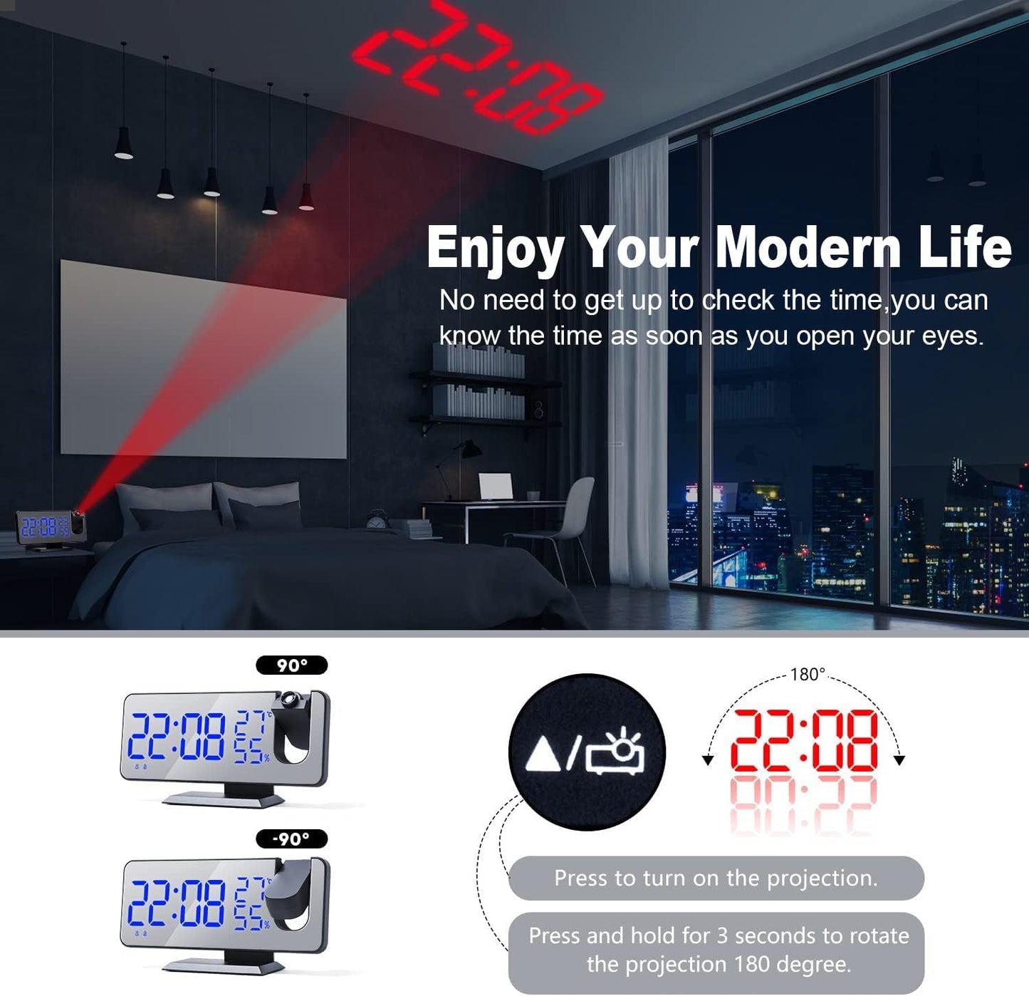 Projection Digital Alarm Clock for Bedrooms,Alarm Clock Radio on Ceiling, USB Charger Port, Temperature & Humidity Display, 7.3” Large Mirror LED Display,12/24H,Snooze,Dual Loud Clock- 4 Dimmer