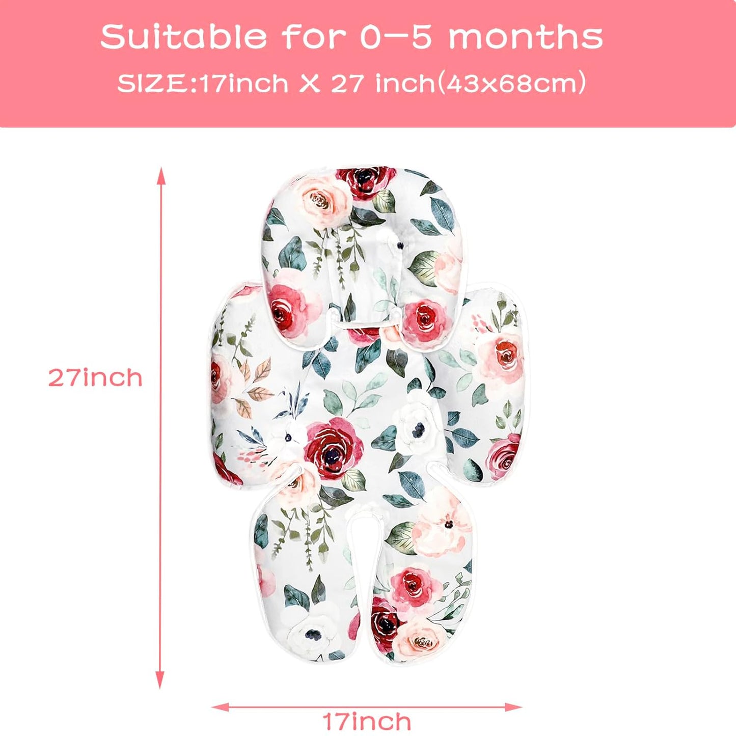 2 in 1 Infant Car Seat Insert, Car Seat Head Support Baby Girls Boys, Soft Newborn Carseat Insert Cushion, Perfect for Carseats, Strollers, Swings (Rose Flower)