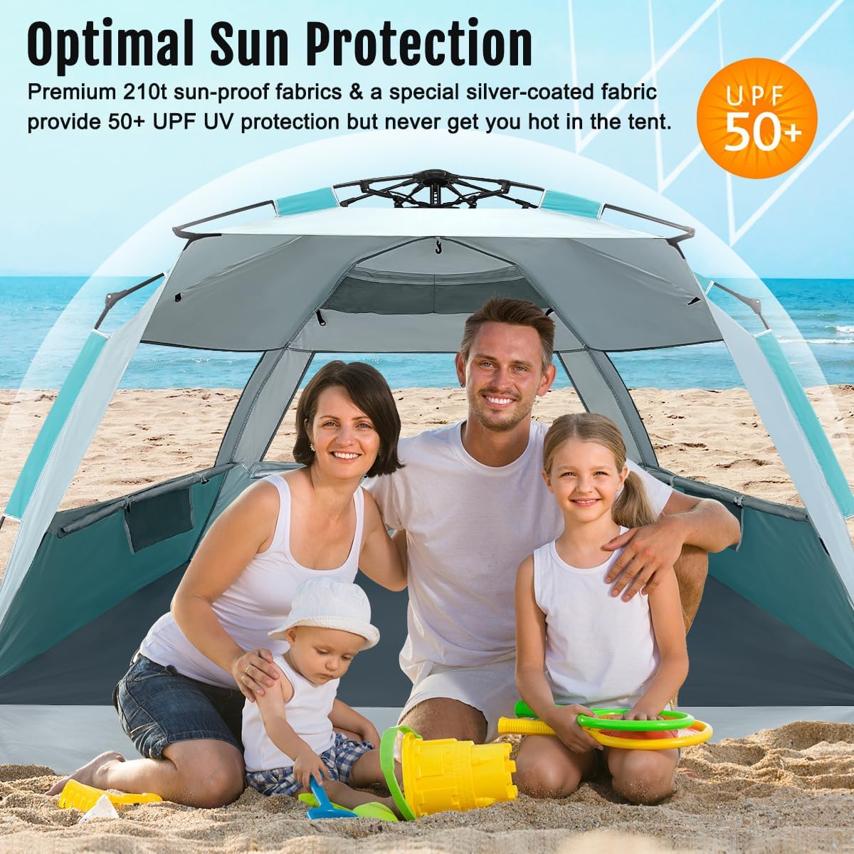 WhiteFang Deluxe Pop Up Beach Tent Sun Shade Shelter for 3-4/5-6 Person, UV Protection, Extendable Floor with 3 Ventilating Windows Plus Carrying Bag, Stakes, and Guy Lines