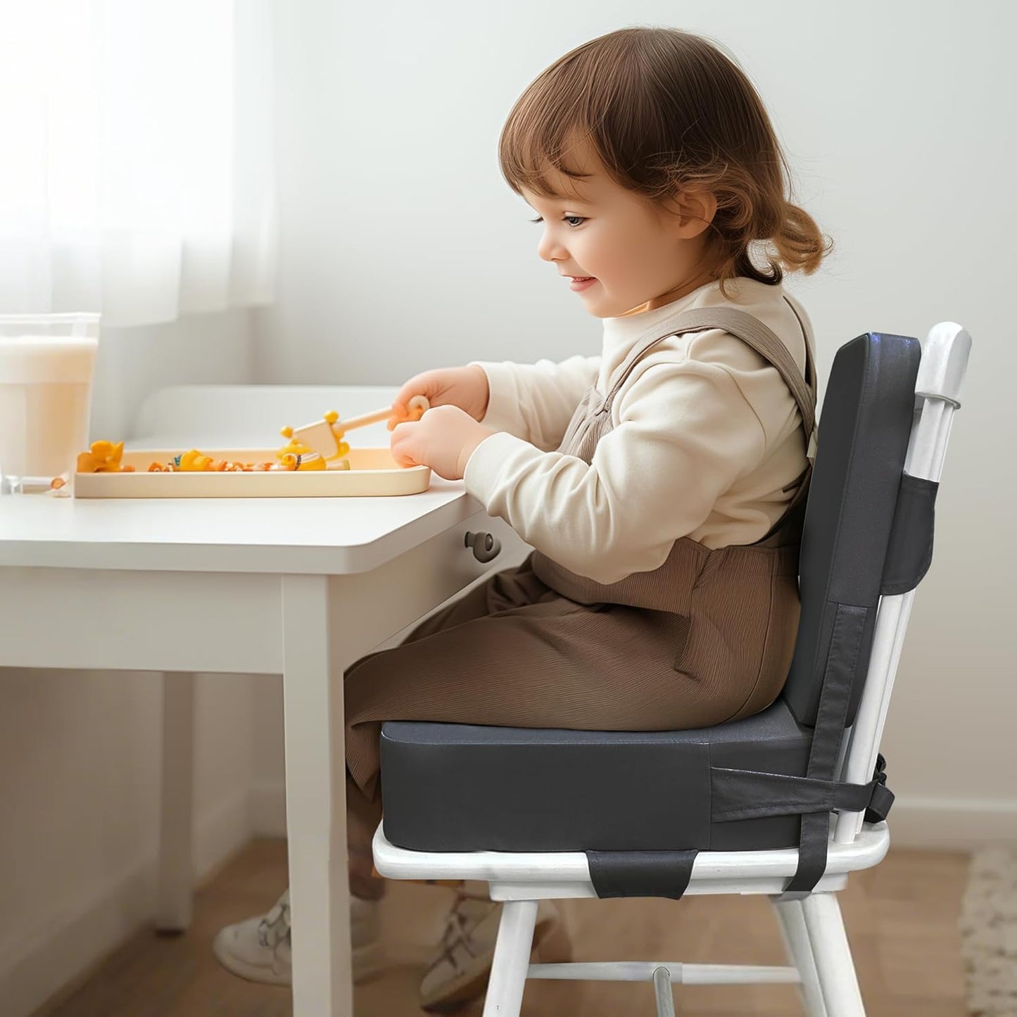 Toddler Booster Seat for Dining Table with Backrest and Adjustable Straps, Waterproof Oxford Foam Cushion with Non-Slip Bottom, Portable Chair Booster for Kitchen Use (Dark Grey)