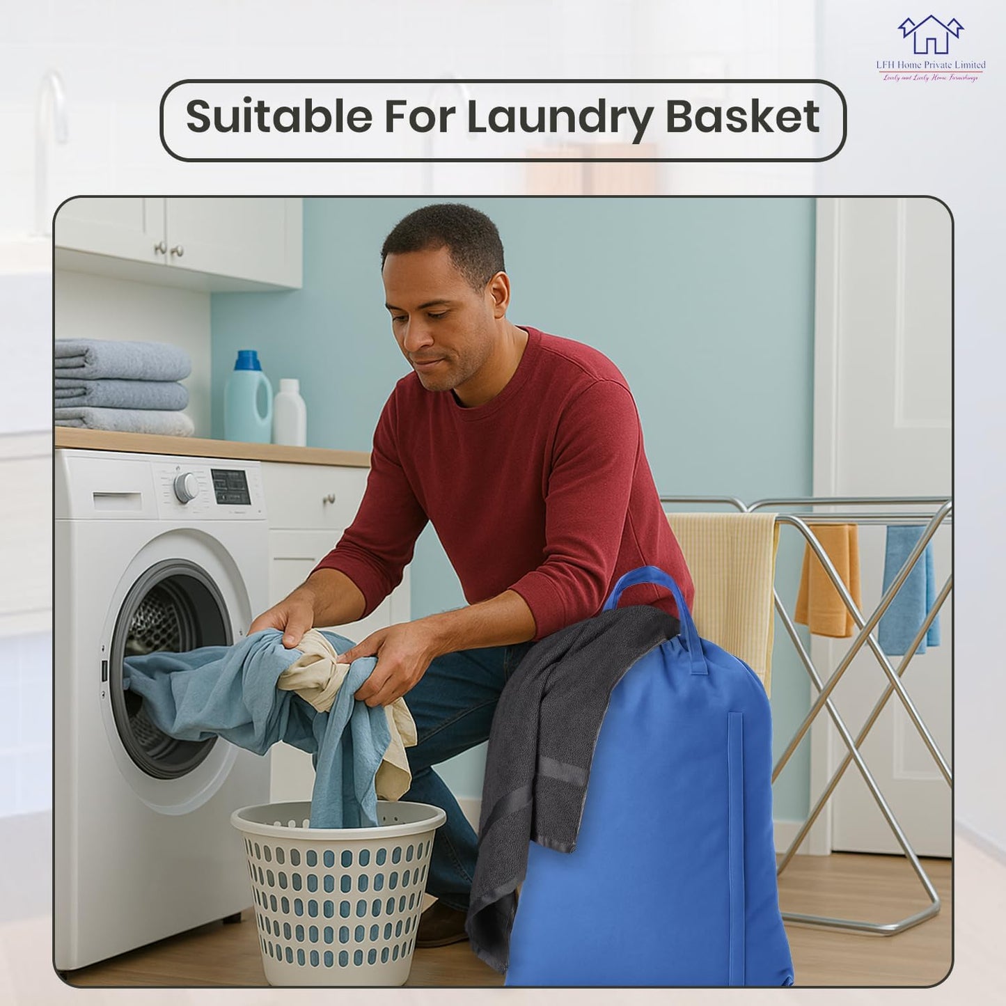 LFH Home Cotton Canvas Large Laundry Bag with Handle, Heavy Duty Drawstring Closure Washable Laundry Bags, School Travel, Home, Hotel, College Dorm, Organizer Sack, Toys Clothes 28x36-Sky Blue