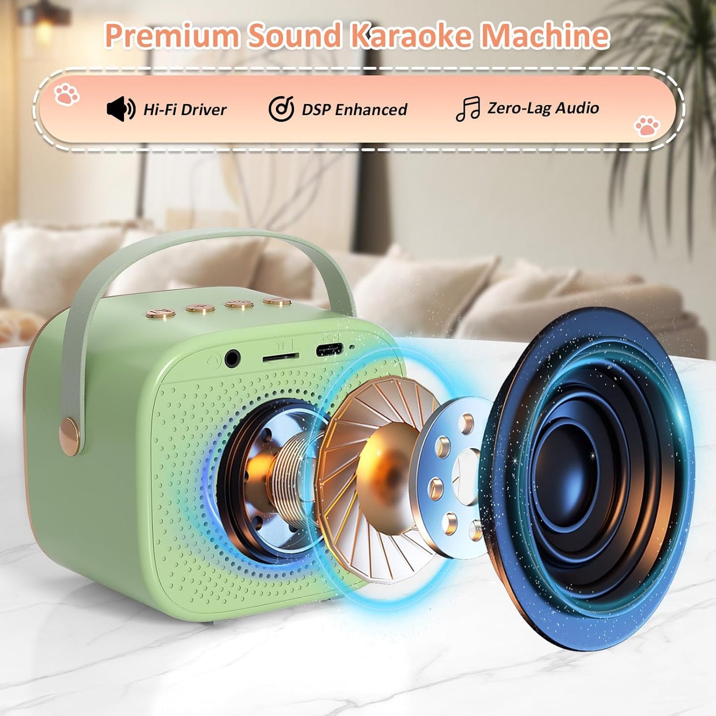 J&D Mini Kids Karaoke Microphone Machine Princess Toys, Colorful LED Portable Bluetooth Speaker with 2 Wireless Mics for Girls Age 3–10 Birthday Party Gifts, Green