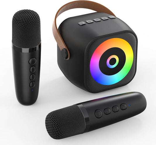 Mini Karaoke Machine, Portable Bluetooth Karaoke Speaker with 2 Wireless Mics for Kids and Adults, Birthday Gifts for Girls and Boys 3-12+ Years Old Birthday Party Home Black