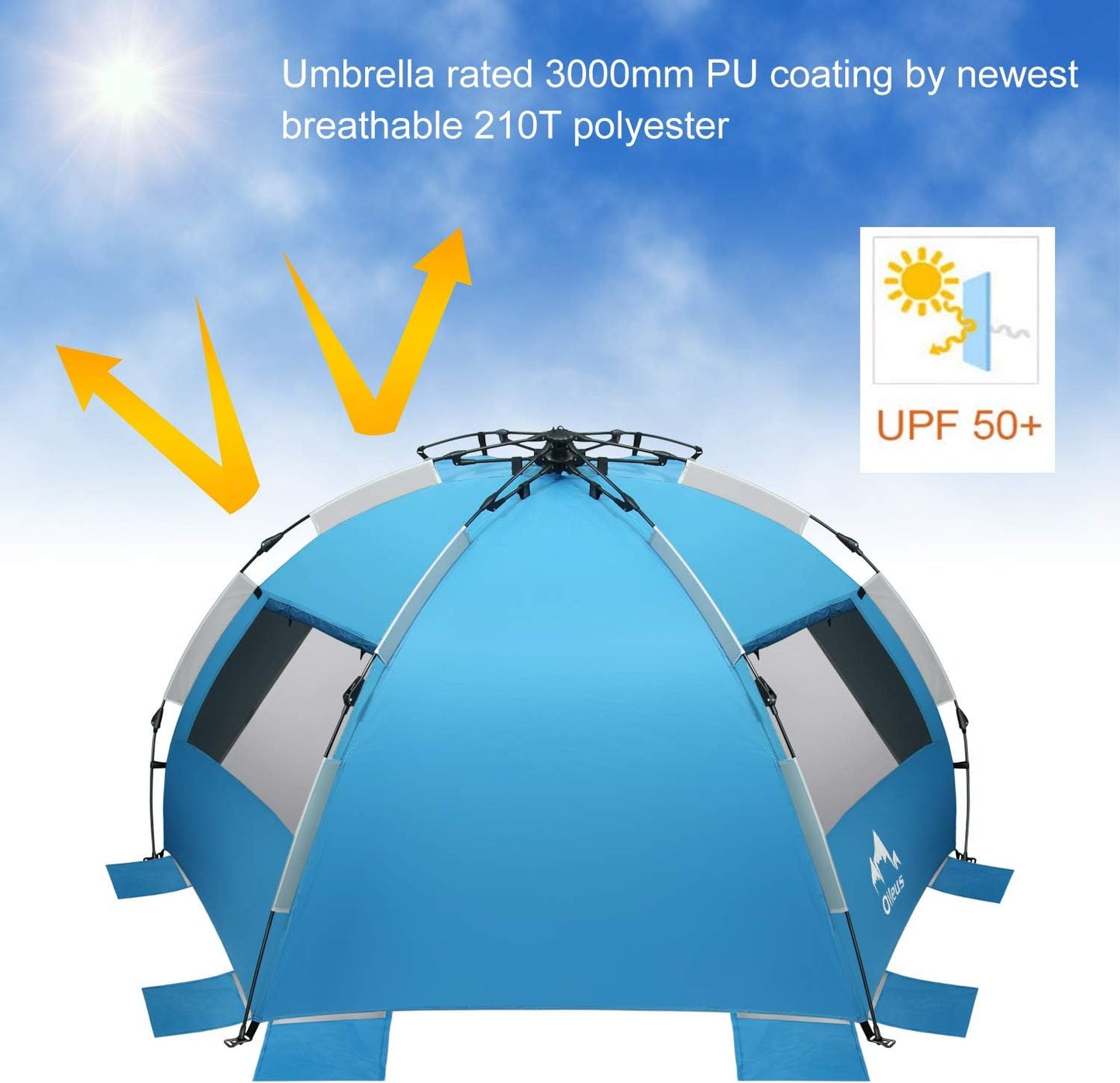 Oileus X-Large 4 Person Beach Tent Sun Shelter - Portable Sun Shade Instant Tent for Beach with Carrying Bag, Stakes, 6 Sand Pockets, Anti UV for Fishing Hiking Camping, Waterproof Windproof, Blue