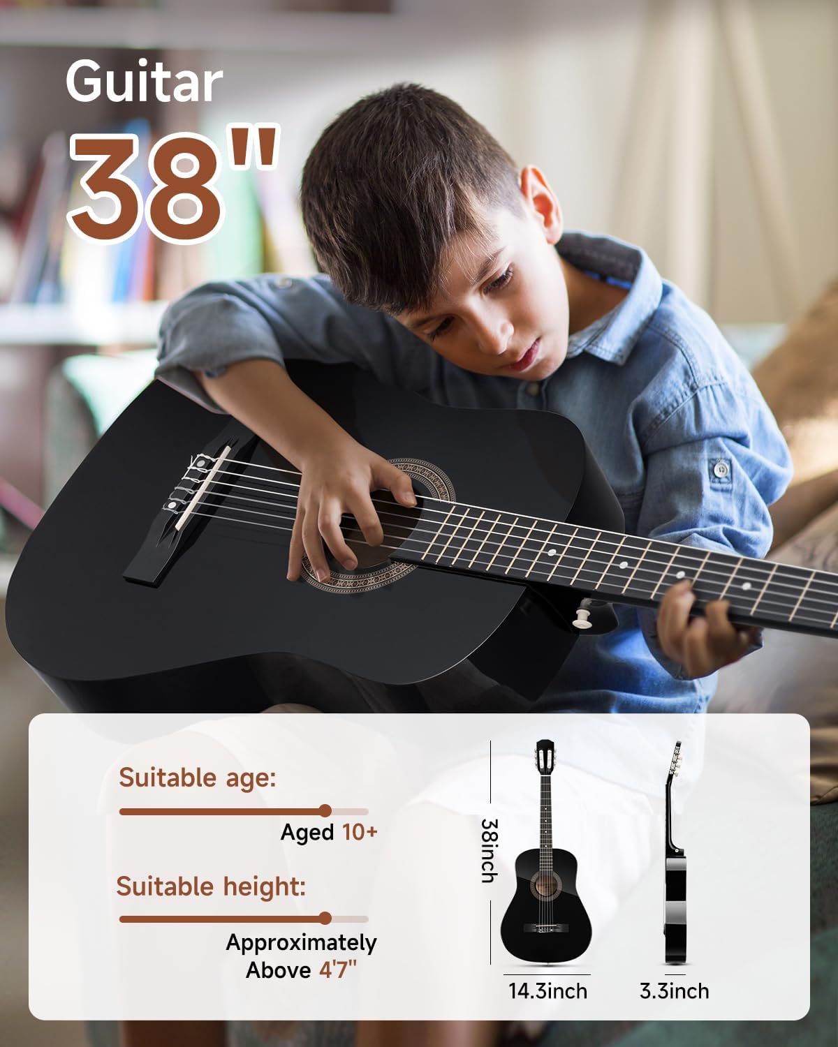 Moukey 38" Acoustic Guitar for Beginners Kids Youth Adult Dreadnought Guitarra Acustica Kit with Chord Poster, Gig Bag, Tuner, Picks, Nylon Strings, Capo, Strap - Black