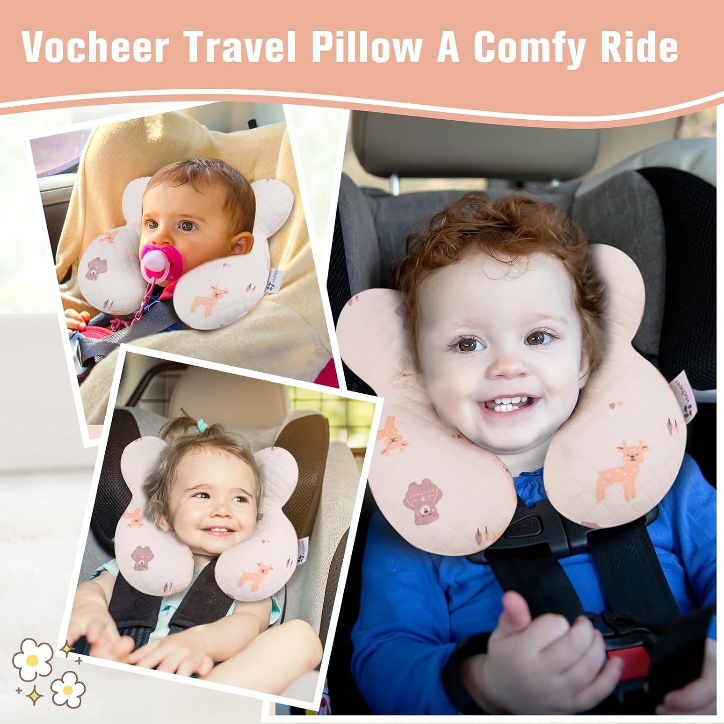 vocheer Baby Neck Pillow(Upgraded), Cotton, Baby Support Pillow, Car Seat Pillows for Newborn, Carseat Head and Body Support, Infant Travel Pillows for Prams, Pushchair, Stroller, Bouncer, Deer