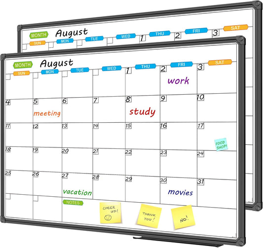 JILoffice Dry Erase Calendar Whiteboard - Magnetic White Board Calendar Monthly 36 X 24 Inch, 2 Pack, Black Aluminium Frame Wall Mounted Board for Office Home and School