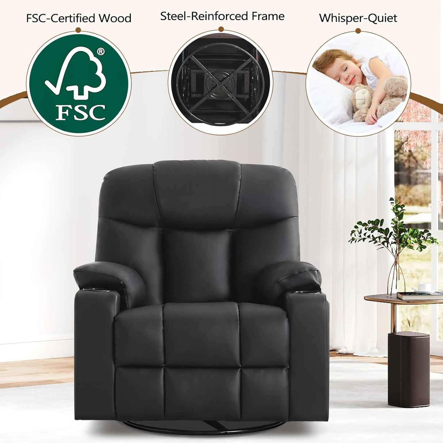 ANJ Swivel Rocker Recliner Chair Set of 3, Black PU Leather, Manual 3-Position Reclining with Massage & Heat, Cup Holders