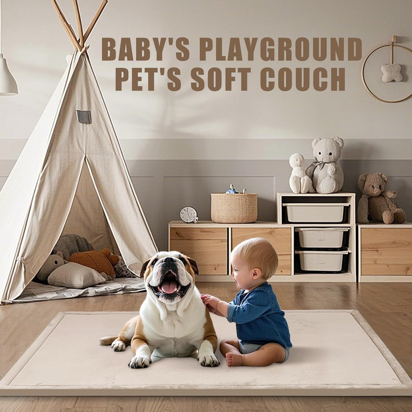 Baby Play Mat for Floor, 1.3" Thick Extra Large Cushioning Memory Foam Playpen Cushion, Soft Coral Velvet Tummy Time Mat with Non-Slip Backing, Child Nursery Rug for Toddlers, Kids (Beige, 79X59)