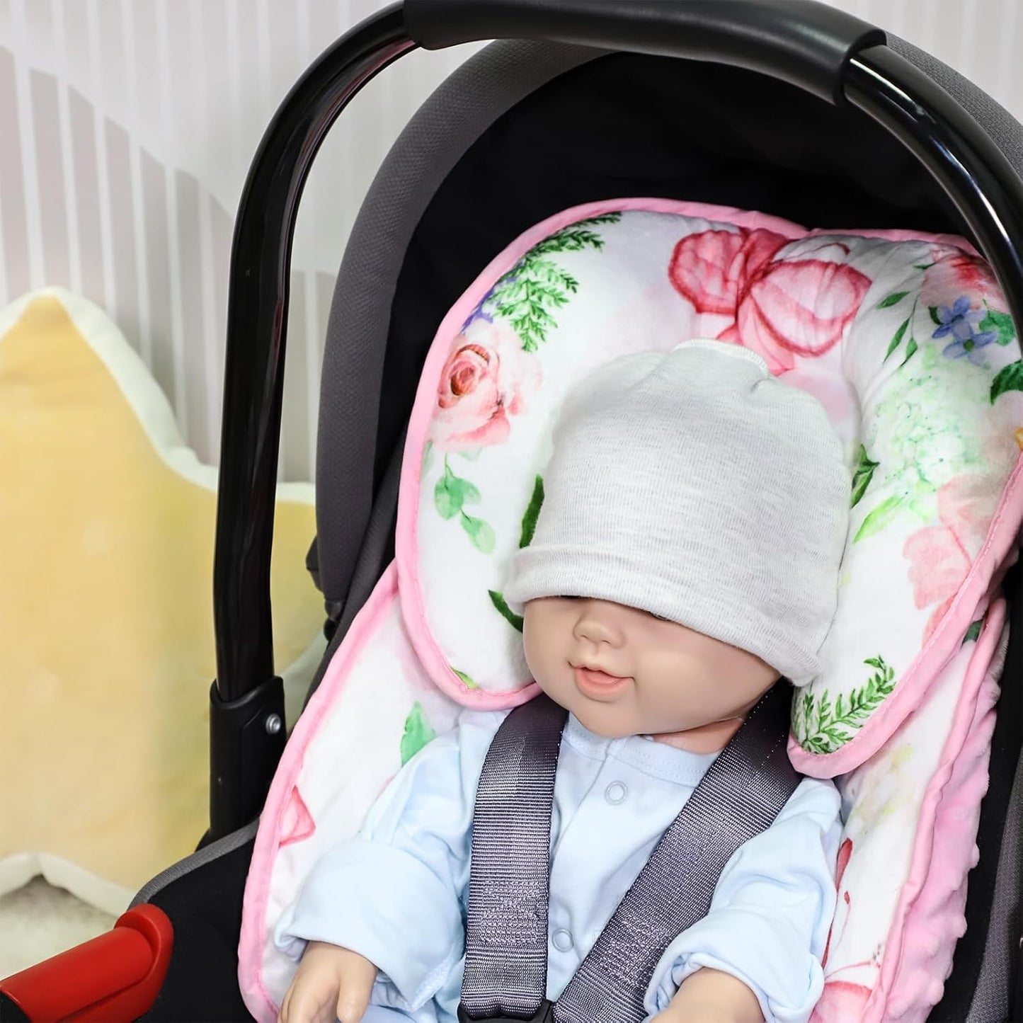 2 in 1 Infant Car Seat Insert, Adjustable Car Seat Head Support Baby Girls Boys, Soft Newborn Carseat Insert Cushion, Perfect for Carseats, Strollers, Swings (Pink Flower)