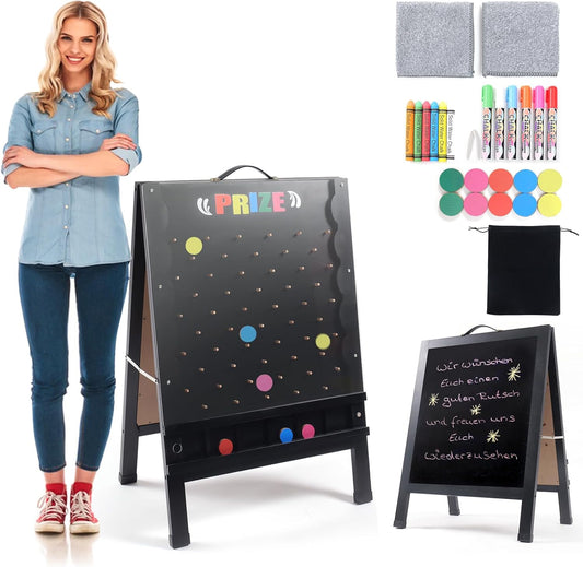 Prize Drop Game Board, 21"x30" Double-Sided Foldable Design with Wooden A-Frame Chalkboard Sign for Family, Carnival, Trade Show & Party - Includes 10 Coin Drop Discs and Chalk Set, Portable Design