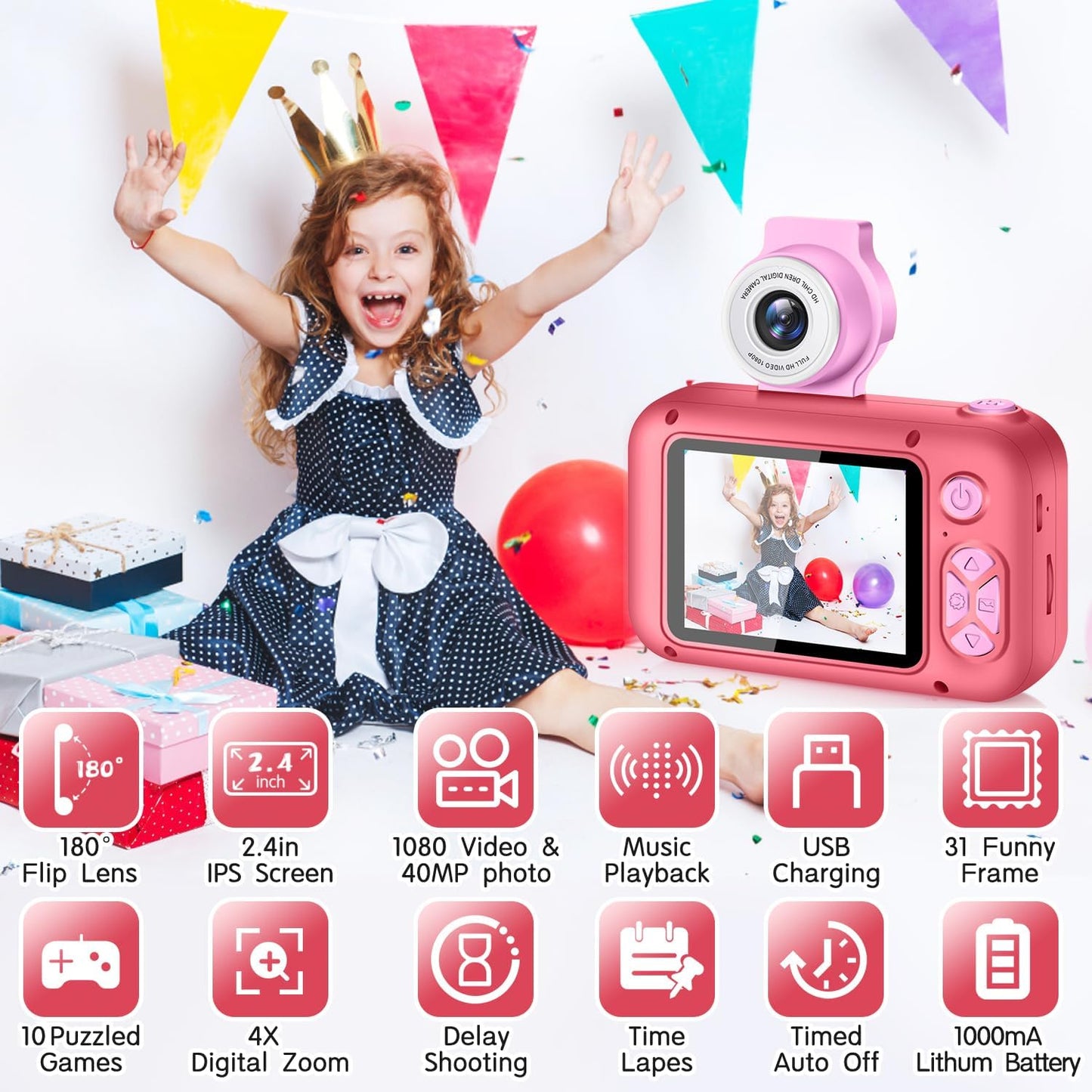 Kids Camera, Toddler Kid Digital Camera with 180°Flip Lens & 2.4in IPS Screen, Birthday Festival Gifts Present Toy for 4 5 6 7 8 9 10 11 Year Old Girls/Boys, 32 GB Card Included, X101