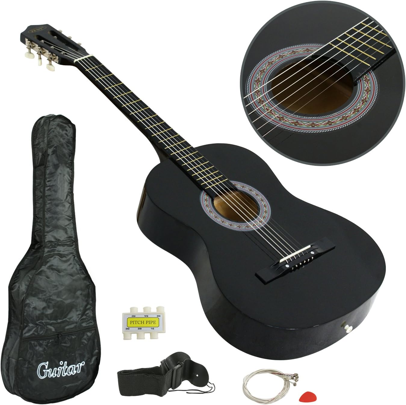 ZENY Beginners 38 inch Acoustic Guitar Package Kit for Right-handed Starters Music Lovers w/ Case, Strap, Pitch Pipe and Pick (Black)