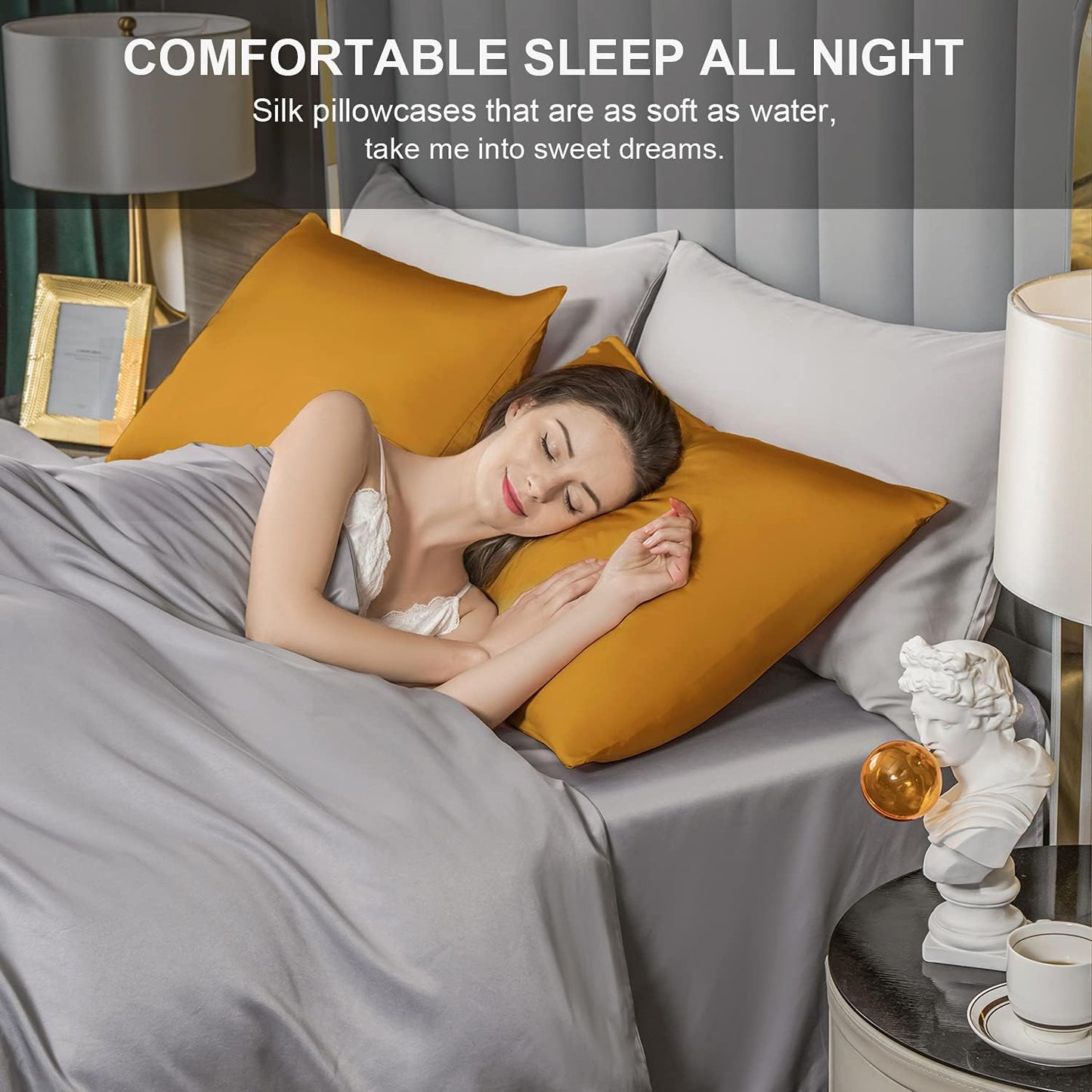 Mulberry Silk Pillowcase for Hair and Skin,Queen Size Cooling Silk Pillow Case with Hidden Zipper,Allergen Proof Dual Sides Soft Breathable Smooth Silk Pillow Cover for Women(Queen,Golden)