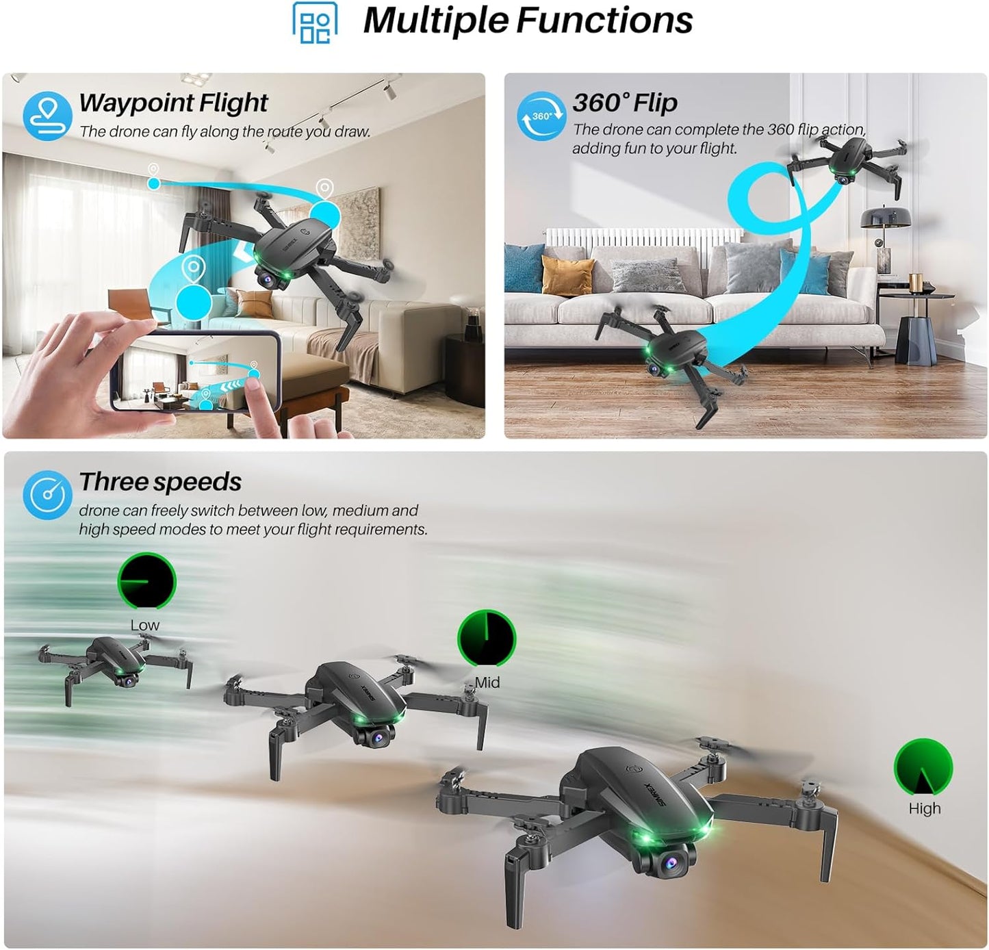 Drone With Camera 1080P for Kids And Adults, RC Quadcopter with Altitude Hold, Mini Drone With One Key Start, Waypoint Fly, Headless Mode, 3D Flip, 3 Speeds, Remote Control Drone for Beginners