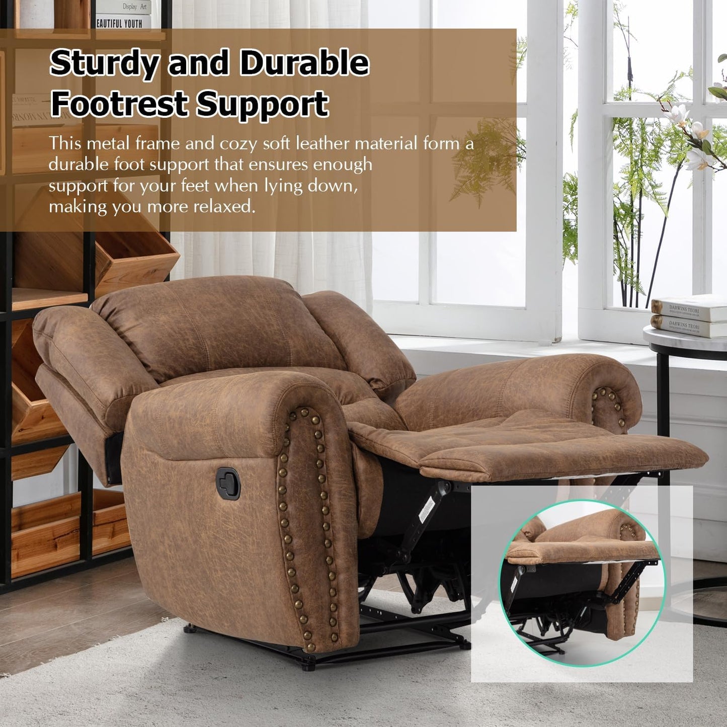CANMOV Leather Recliner Chair Set of 2, Classic and Traditional Manual Recliner Chair with Comfortable Arms and Back,Manual Single Recliner Sofa for Living Room, Camel