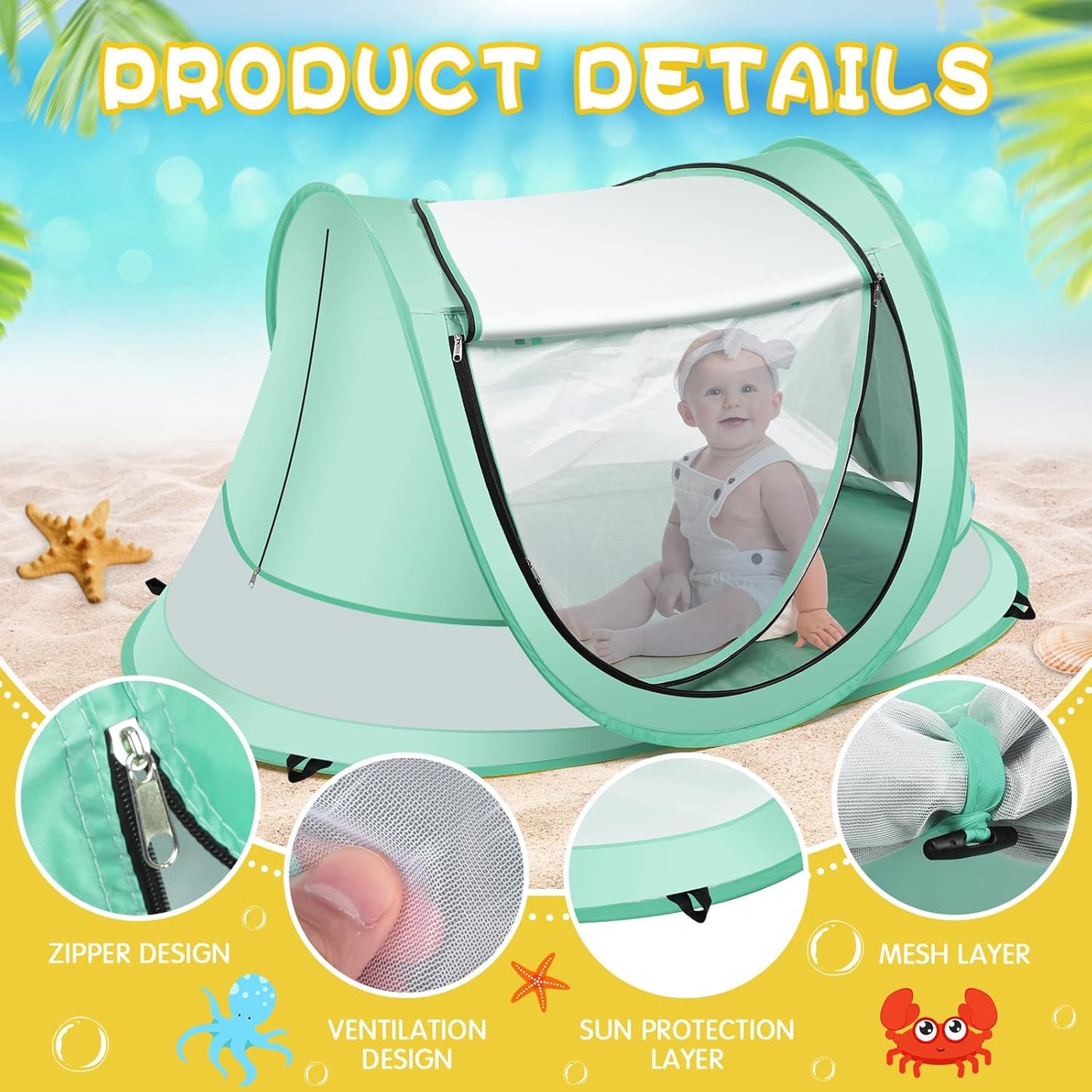 Baby Beach Tent,Large Pop Up Beach Tent Sun Shade for Beach,Portable Baby Travel Tent with Mosquito Net,Indoor Baby Play Tent,UPF 50+ UV Protection Sun Shelters for Infants