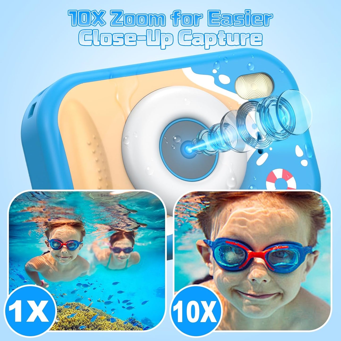 Kids Camera Waterproof, IP68 Underwater Camera for Kids Aged 3-12, HD Kids Digital Camera with 1080P Video Recording, Durable ABS Material, Pool Toys for Boys Girls with 32GB Card(Blue)
