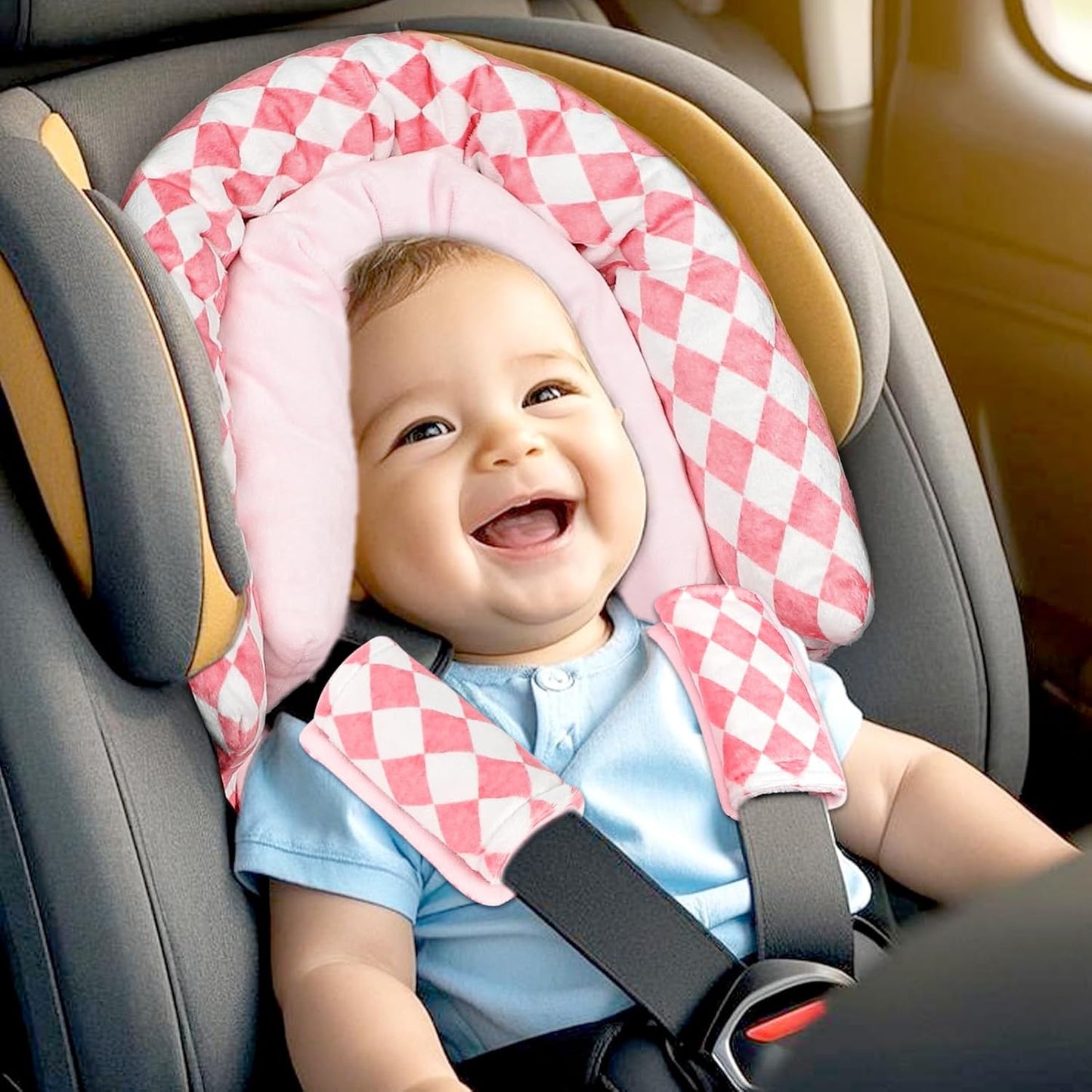 Baby Car Seat Head Support for Newborn, GFU 2 in 1 Infant Car Seat Head Body Support with Strap Pads, Soft Stroller Cushion Pillow Insert for Girls, Fits for Stroller, Swing, Pink
