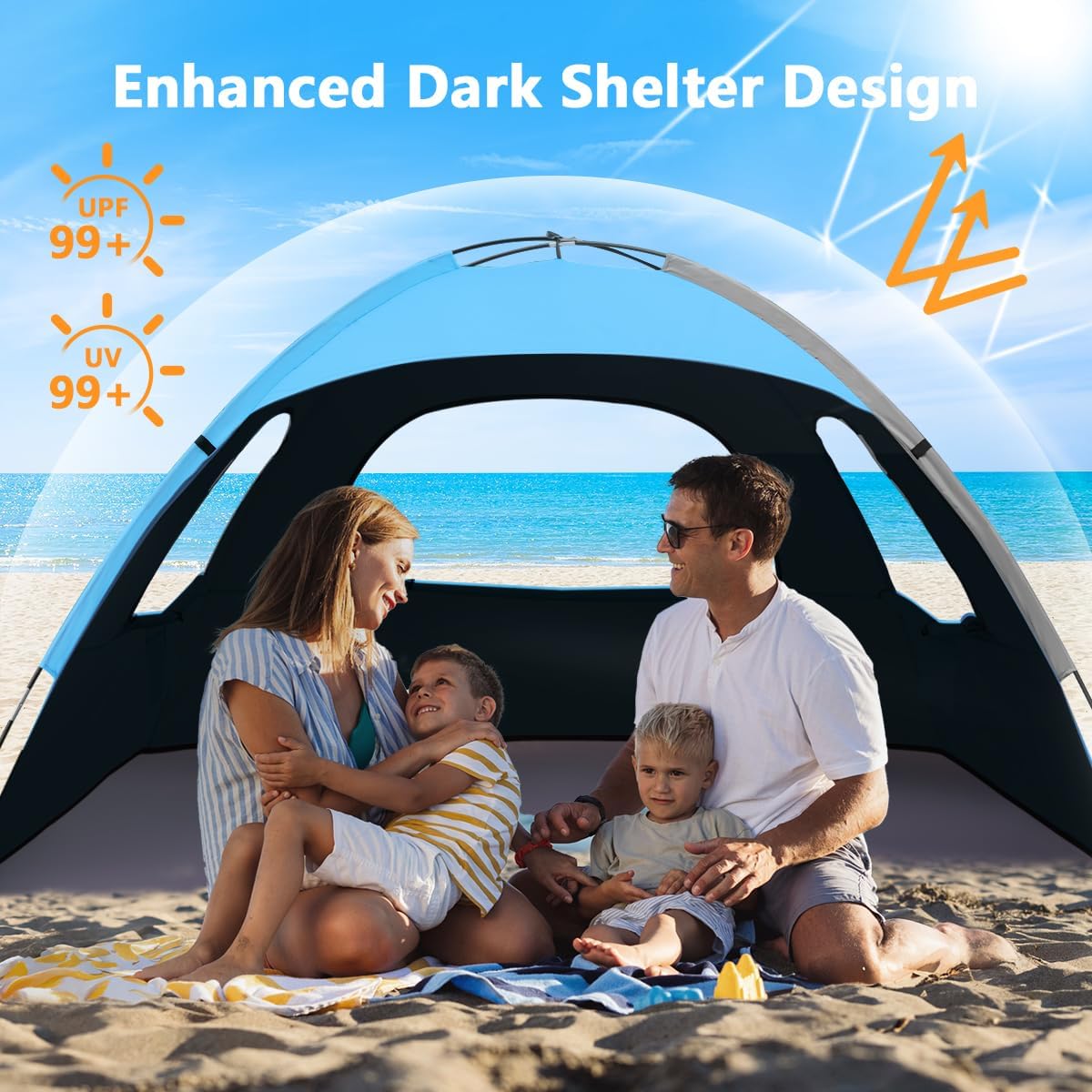 NXONE Beach Tent Sun Shade Shelter for 3/4/6 Person Person with UV Protection, Extended Floor, 3 Mesh Roll Up Windows & 8.0/8.5mm Fiberglass Rods丨Carry Bag Included