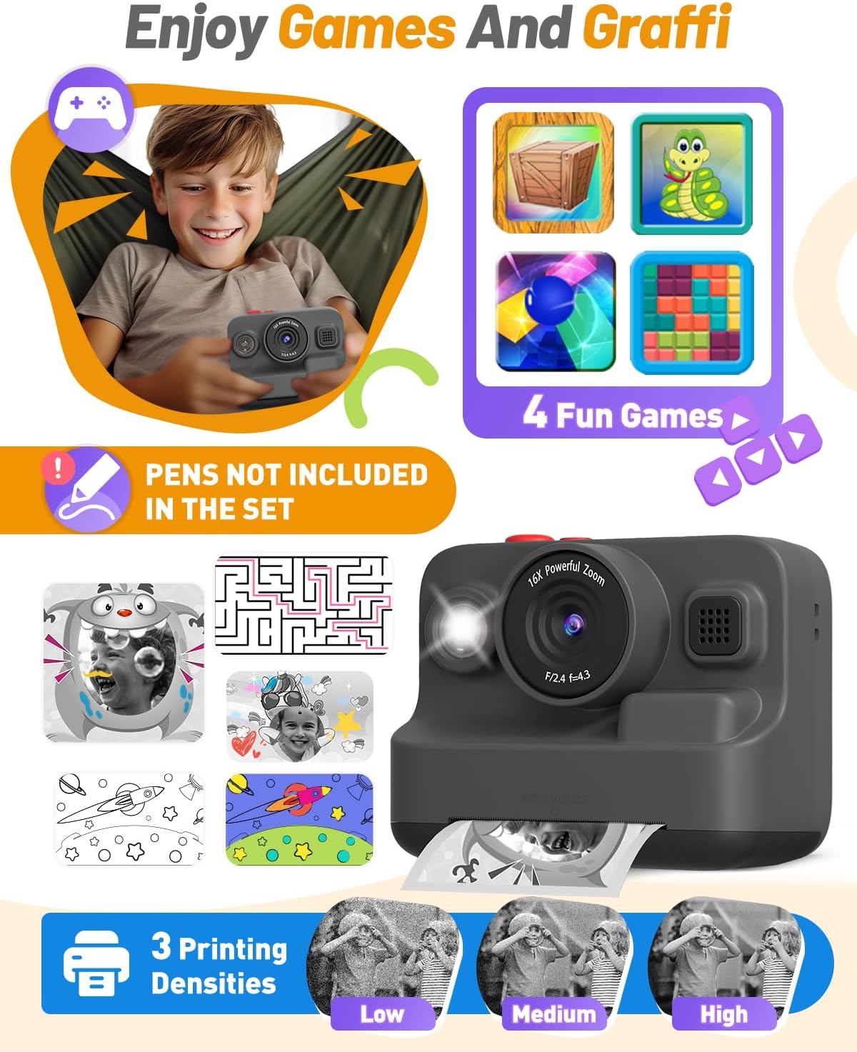 Kids Camera Instant Print, Christmas Birthday Gifts for 3-12 Year Old Boys Girls, 2.4in Screen 1080P Kids Digital Camera Toys for Kids Age 3 4 5 6 7 8 9 10 with 3 Rolls Print Paper 32G Card