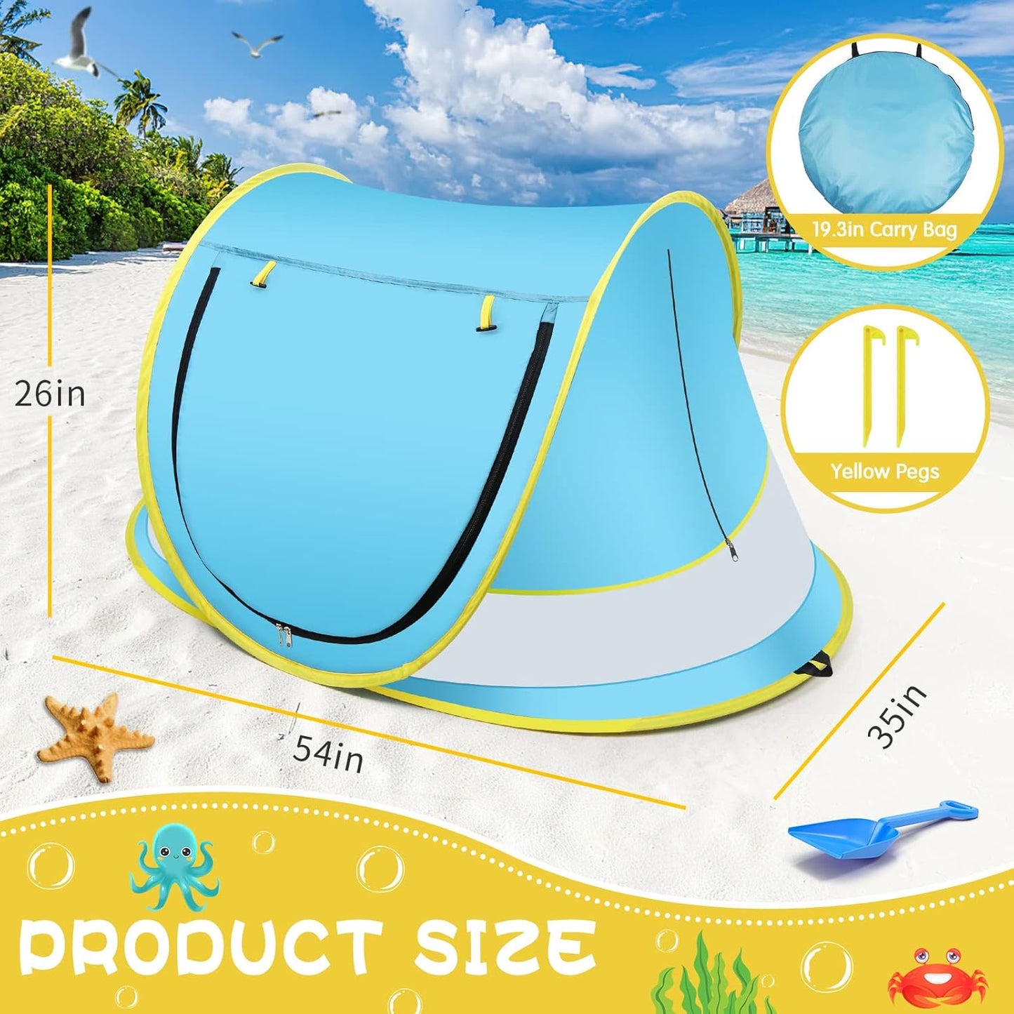Baby Beach Tent,Large Pop Up Beach Tent Sun Shade for Beach,Portable Baby Travel Tent with Mosquito Net,Indoor Baby Play Tent,UPF 50+ UV Protection Sun Shelters for Infants