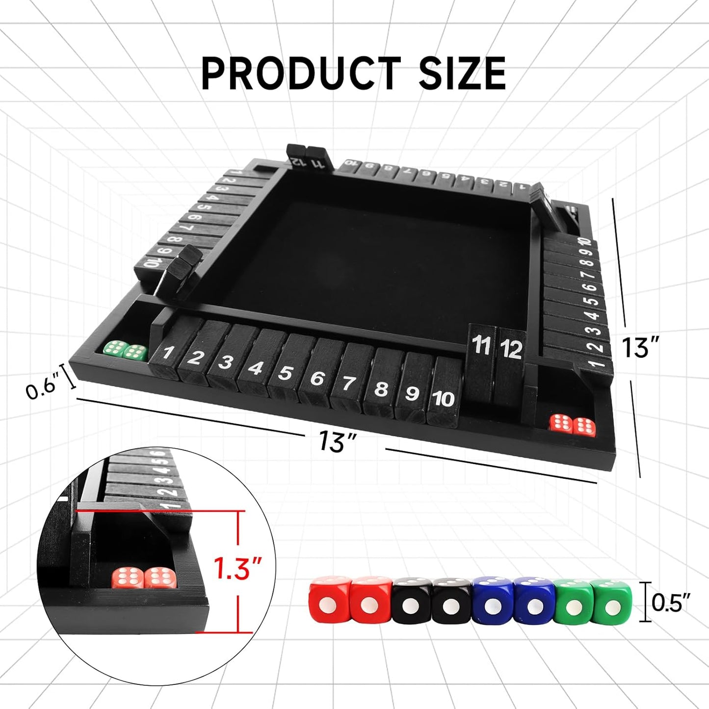 GSE Games & Sports Expert 1-4 Player Wooden Shut The Box Board Game with 8 Dice. 4-Way 12 Numbers Shut The Box Dice Set of Popular English Pub Board Game - Black
