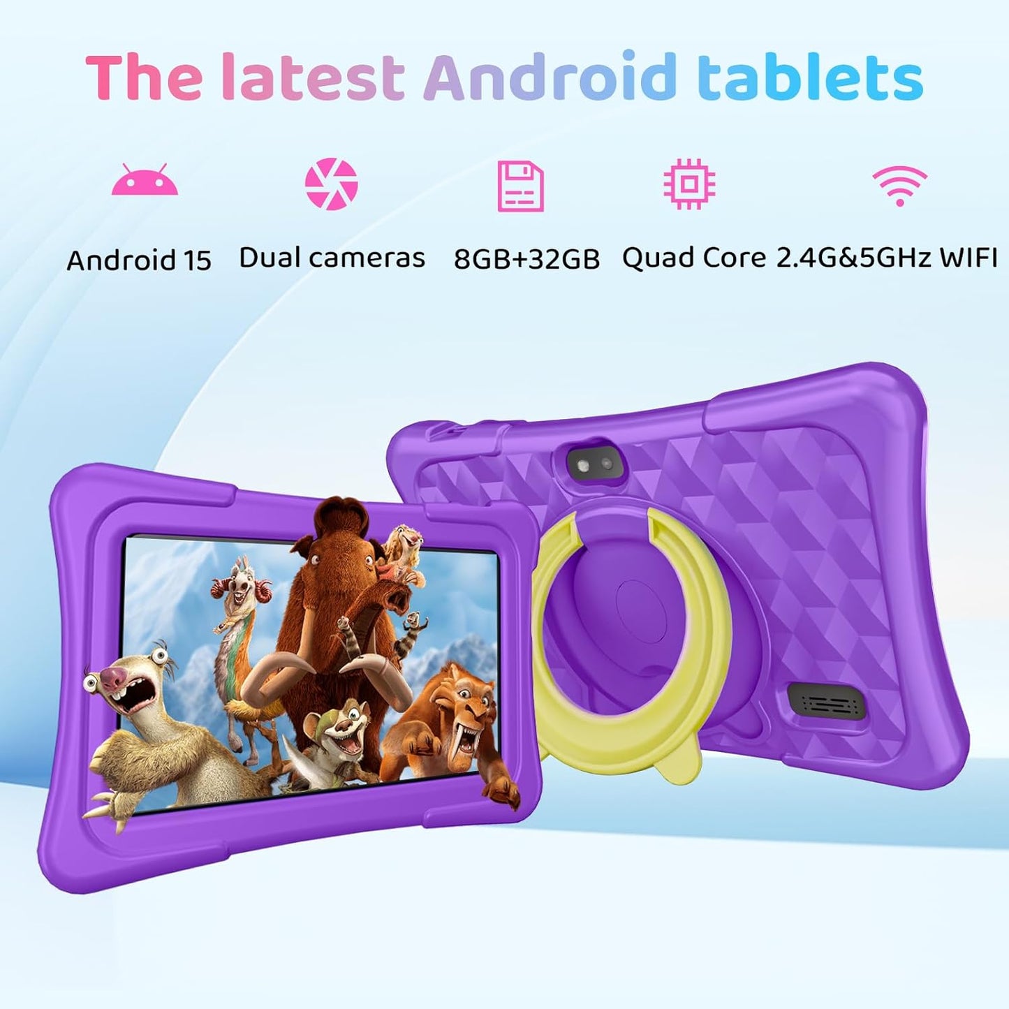Kids Tablet, 7 inch Android 15 Tablet for Kids, 8GB+32GB 1TB Expand, Quad-Core Toddler Tablets with Shockproof Case, BT5.0, WiFi 5, Parental Control, Games, Dual Camera (Purple)