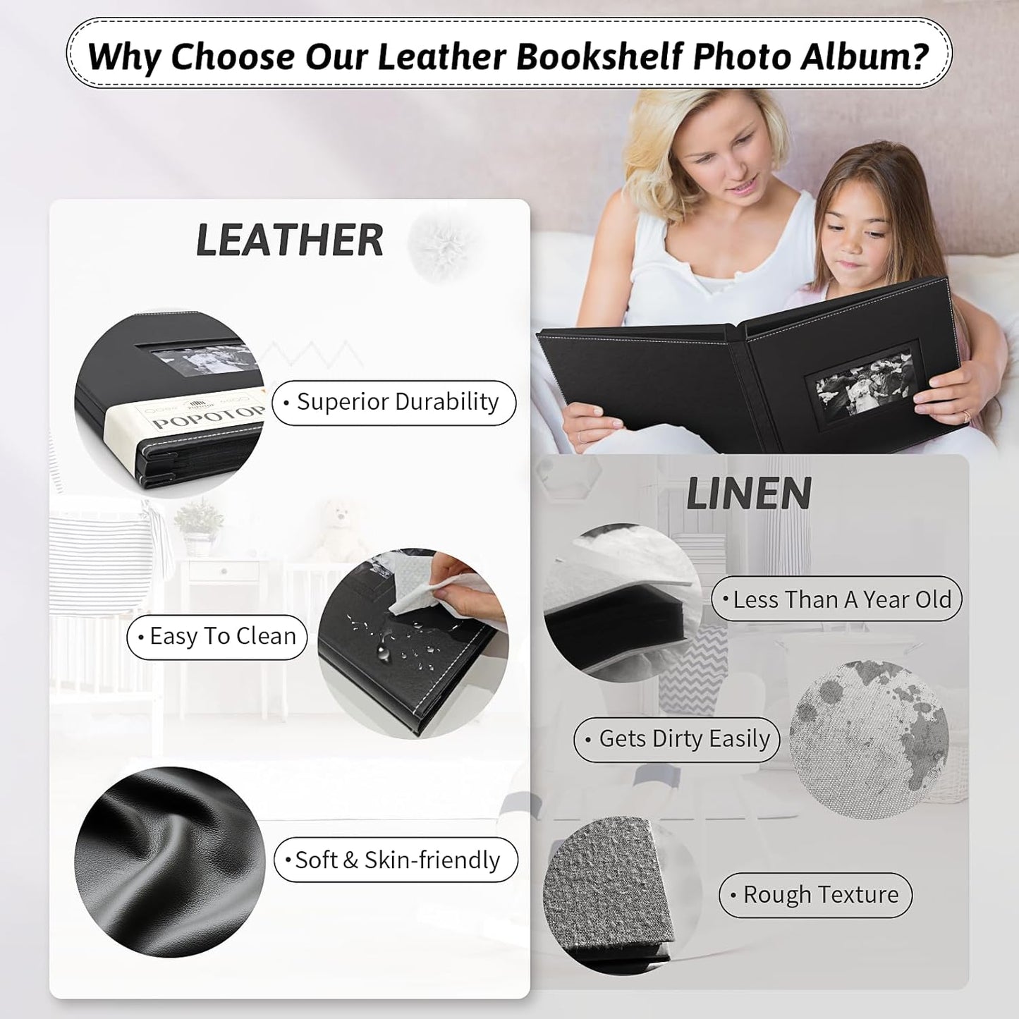 Popotop Photo Album 4x6 500 Pockets with Leather Hardcover Cover, Large Photo Album Binder Book with 50Pcs Pages for Family Travel Wedding Baby Gifts