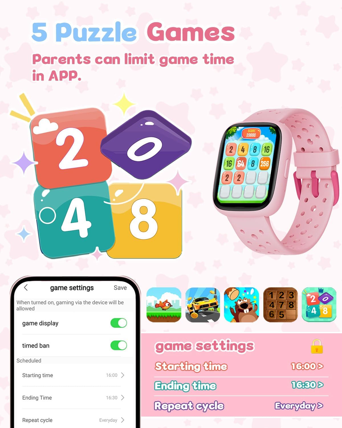 Kids Watch for Girls 5-12, Kids Smart Watch Fitness Tracker Pedometer, No Phone Needed, Puzzle Games with Parental Control, IP68 Waterproof, Heart Rate, Sleep Monitor, Step Counter, 80 Sports