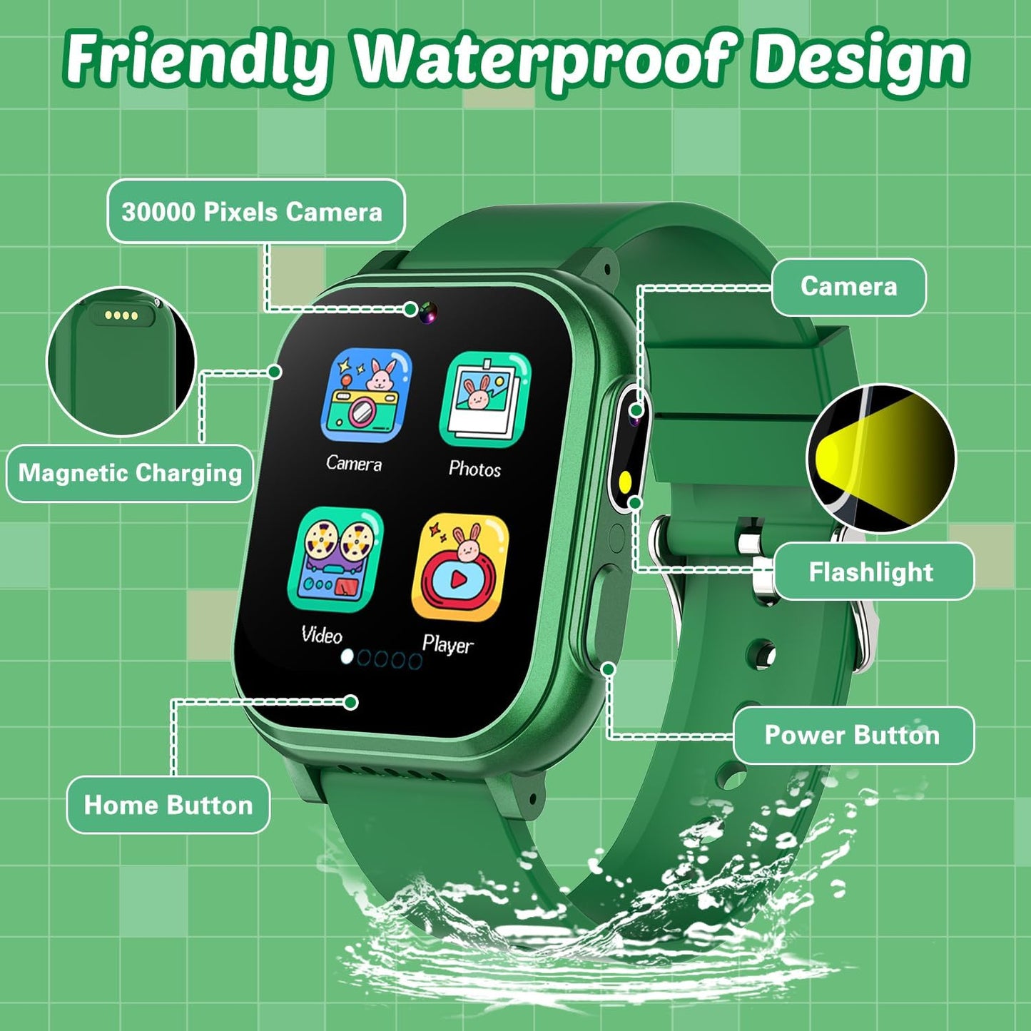Waterproof Smart Watch for Kids Boys Toys Age 5-12 with 32 Games, Dual Camera, Habit Tracking, Music Player, Video, Alarm Clock, HD Touchscreen Kids Smart Watch Gift for Kid Age 6 7 8 9 10