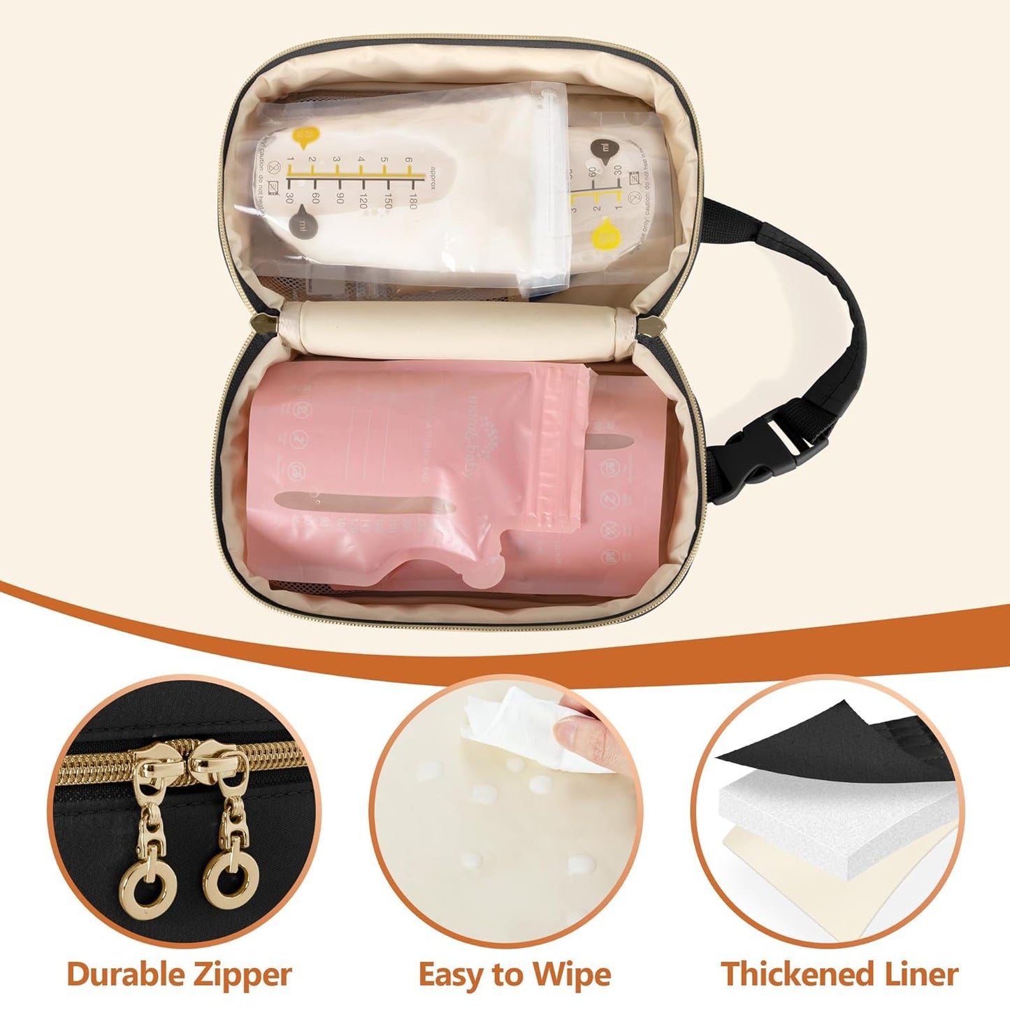 Damero Breastmilk Cooler Bag with 4 Ice Packs -Breastmilk Cooler Travel Bag Organizer with Detachable Buckle Handle for Daycare and Breastfeeding Mom,Black