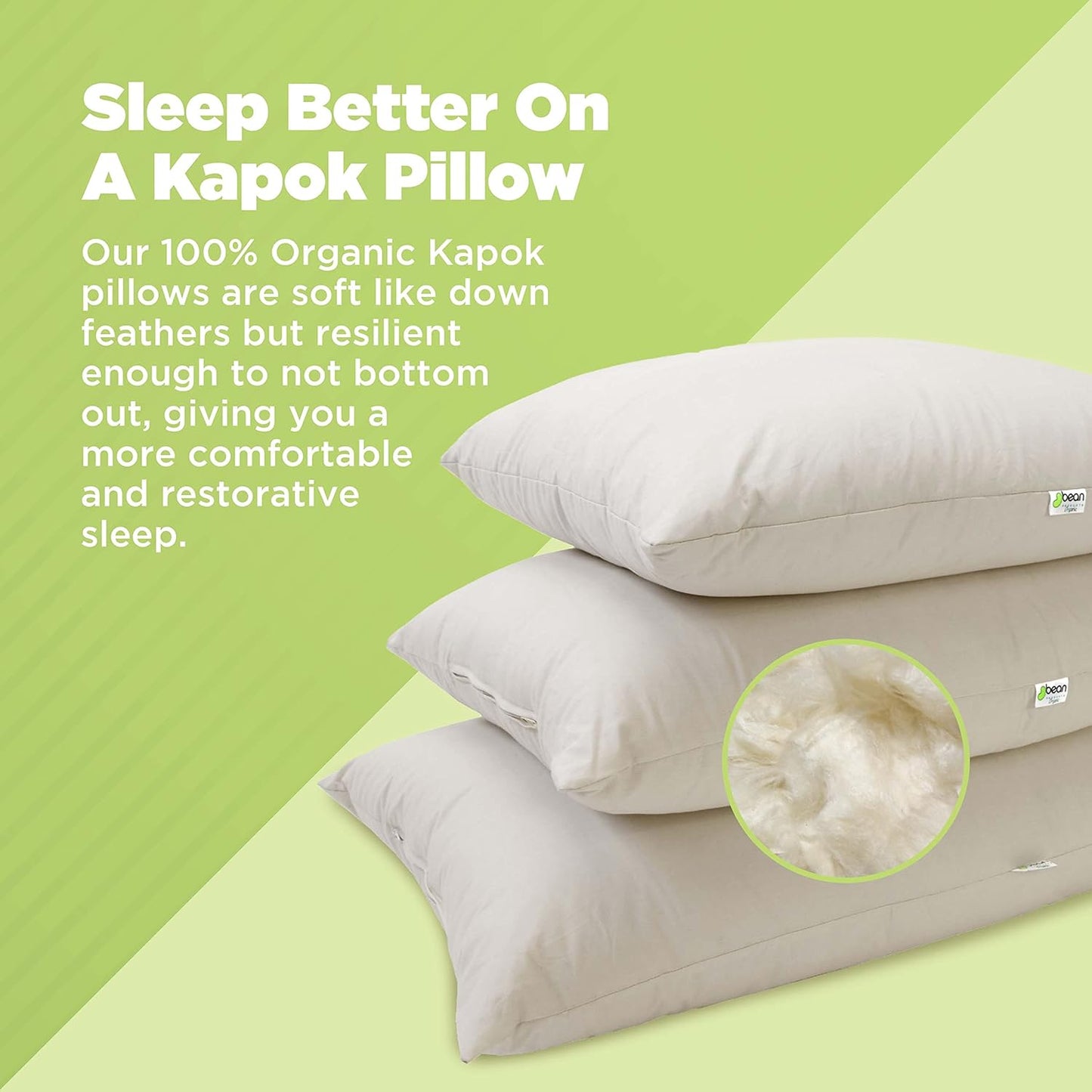 Bean Products Kapok 20" x 26" Standard Pillow - Breathable, Eco-Friendly and Durable Organic Cotton Fabric Bed Pillow - Soft and Supportive Pillow for Sleeping, Made in The USA