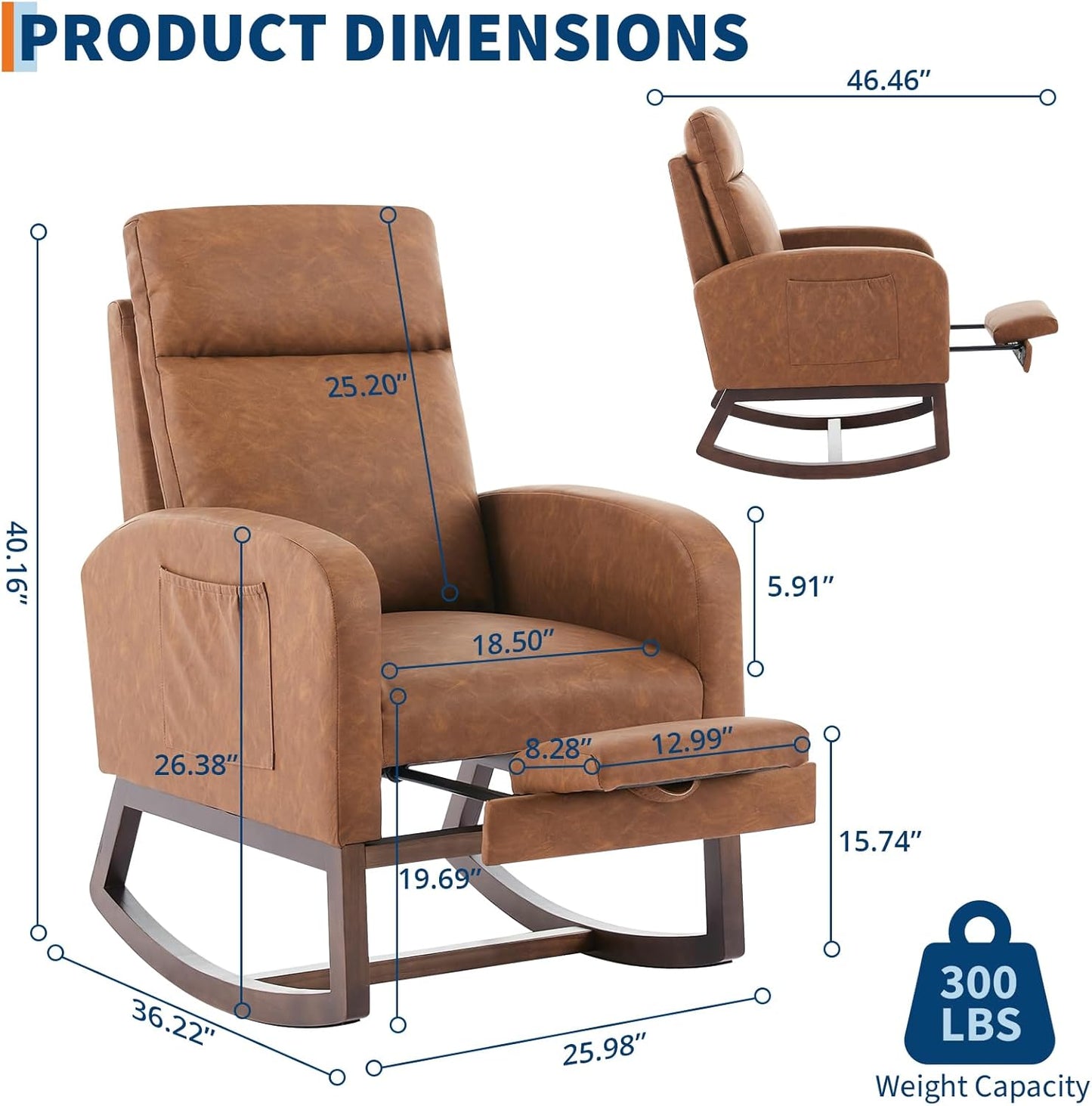 Rocking Chair Nursery with Foot Rest, Modern PU Upholstered Reading Glider Rocker Accent Armchair with High Backrest, Padded Seat, Side Pocket, for LivingRoom, Bedroom, Baby Room, Brown