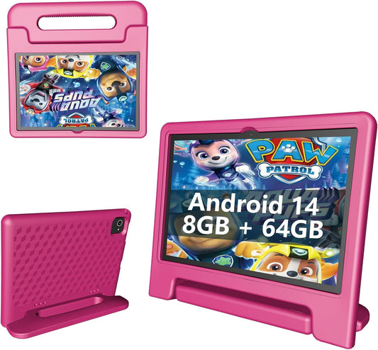 Kids Tablet 8GB+64GB, 10 Inch Android 14 Tablet for Kids 6000mAh with Case, WiFi 6, Bth 5.2, Dual Camera, GPS Pre-Installed Parental Controls, Kids Space & Family Link Great Gift for Toddler Children