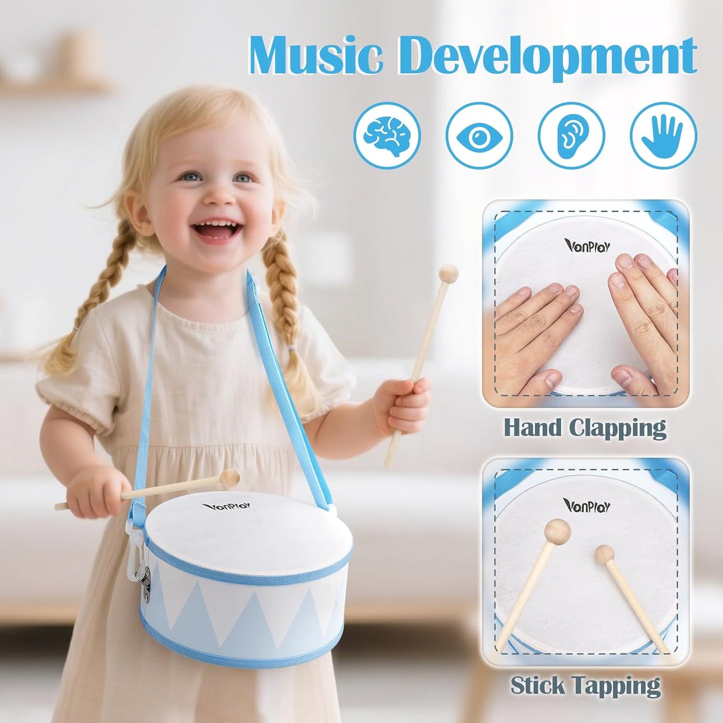 Drum Set for Boys - Toys for 2 3 Year Old Boy Birthday Gifts - Wooden Montessori Musical Instruments for Toddlers 2-4, Preschool Musical Toys with Snare Drum for Kids Age 3-5