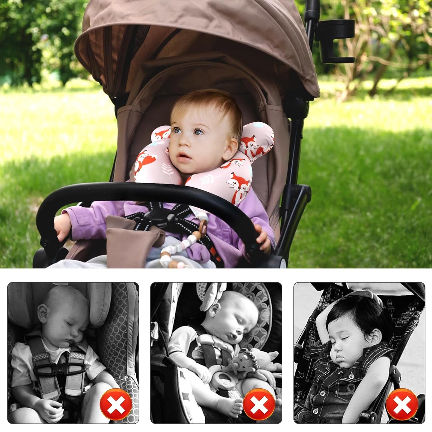 vocheer Baby Travel Pillow(Upgraded), Head and Neck Support Pillow for Pushchair, Car Seat,Stroller, Bouncer, Cotton, Orange Fox