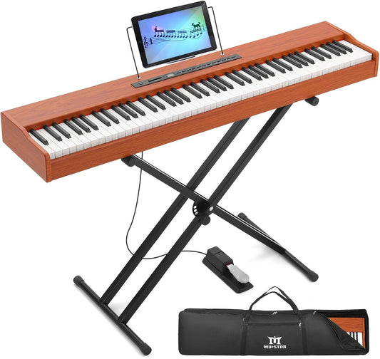 MUSTAR Digital Piano 88 Weighted Keys with Stand Touch Sensitivity, 88 Key Semi Weighted Keyboard Piano Portable Electric Piano for Beginners, Dual Stereo Speakers, Case, Sustain Pedal (Brown-MDF)
